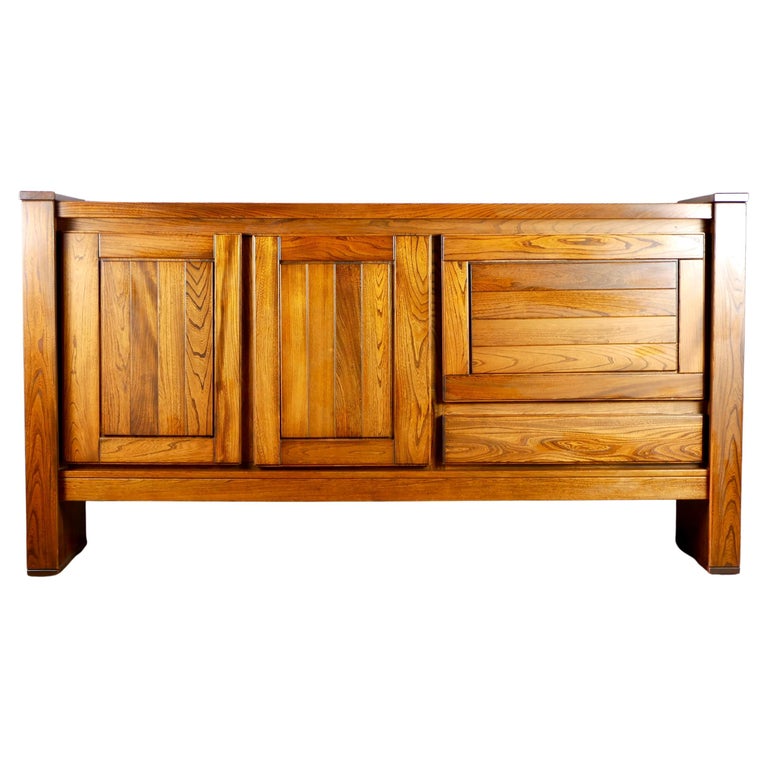 Large brutalist solid elm buffet or sideboard from Maison Regain, 1980s,  France For Sale at 1stDibs