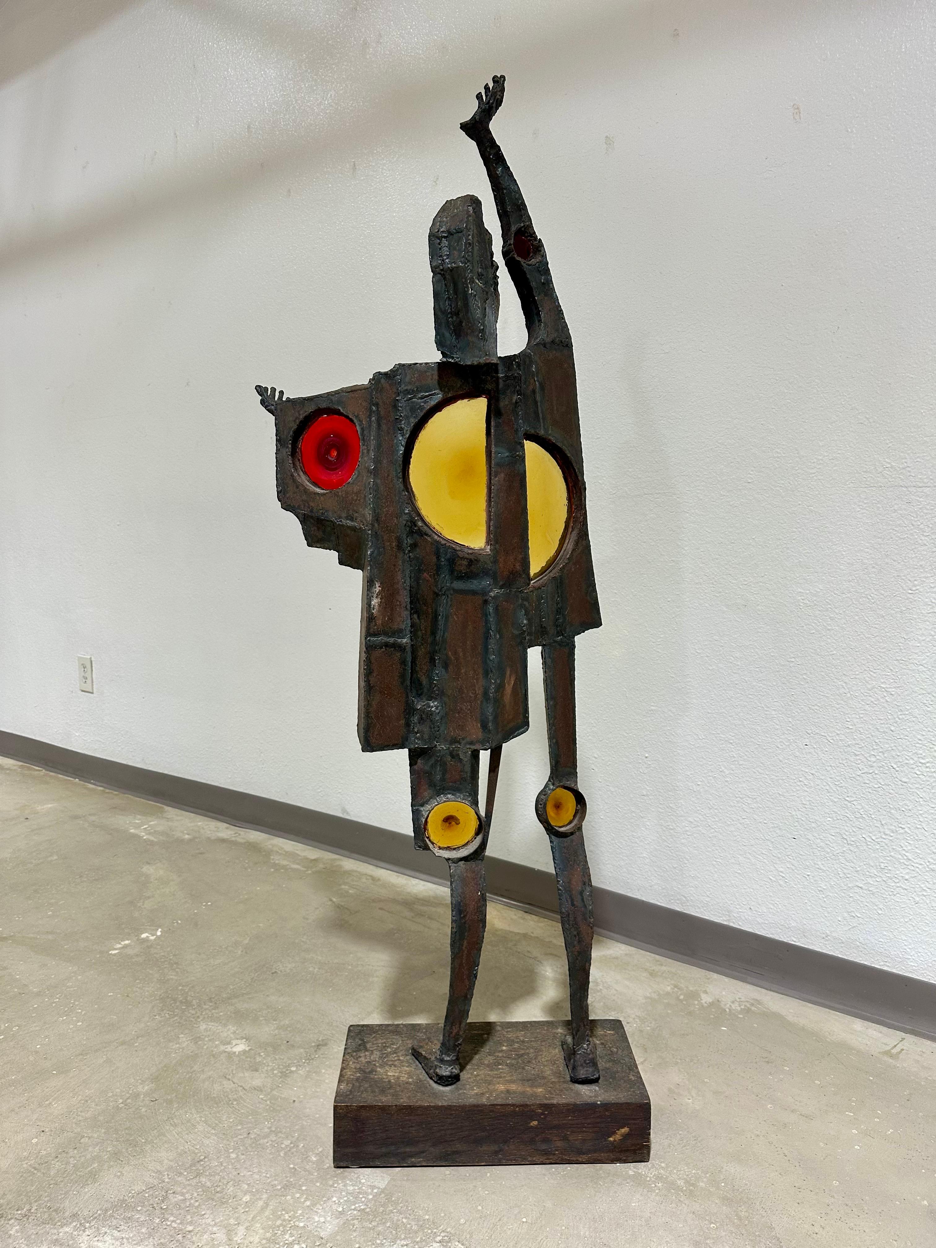 American Large Brutalist Steel and Glass Figurative Sculpture For Sale