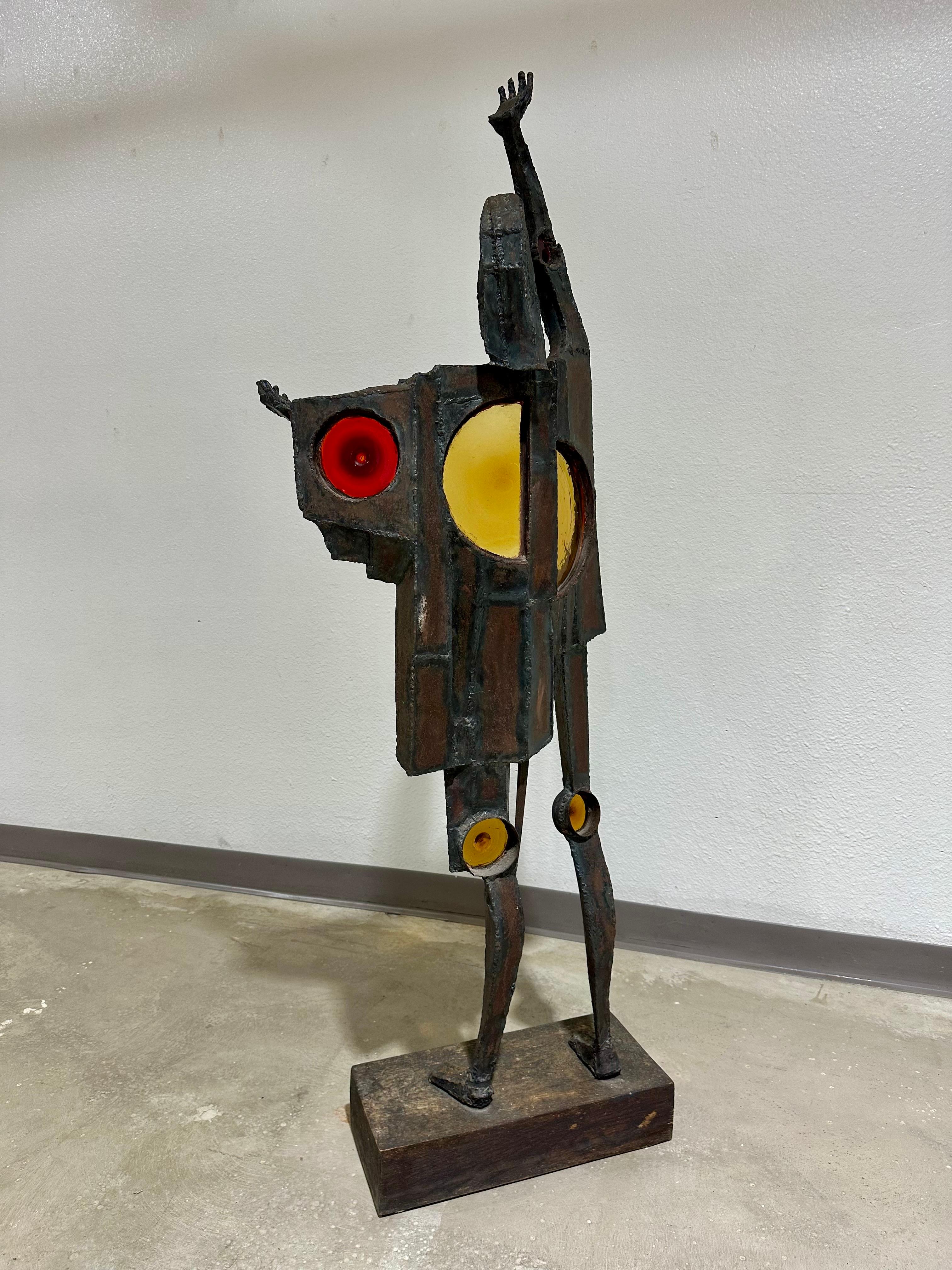 Forged Large Brutalist Steel and Glass Figurative Sculpture For Sale