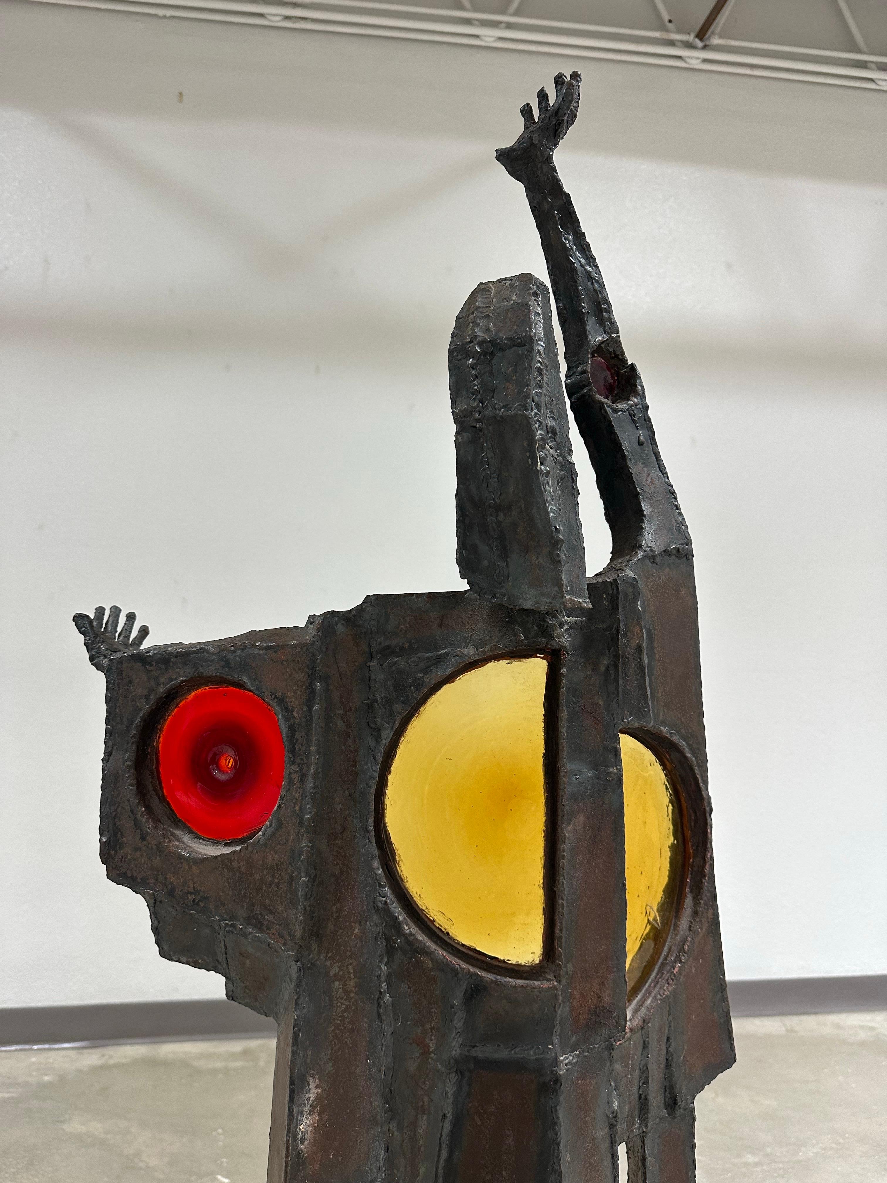 Large Brutalist Steel and Glass Figurative Sculpture For Sale 2