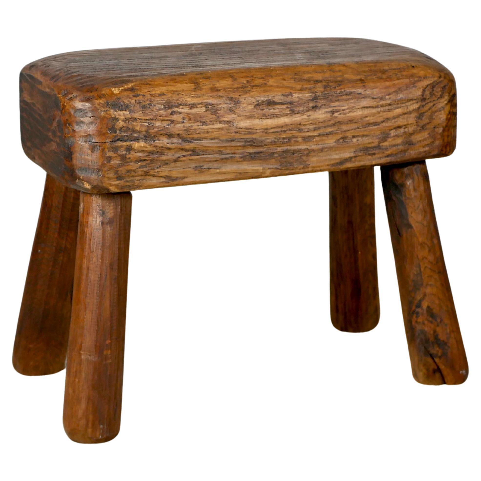Large Solid Stool Large brutalist stool in solid wood, chisel worked, France, mid-20th ...
