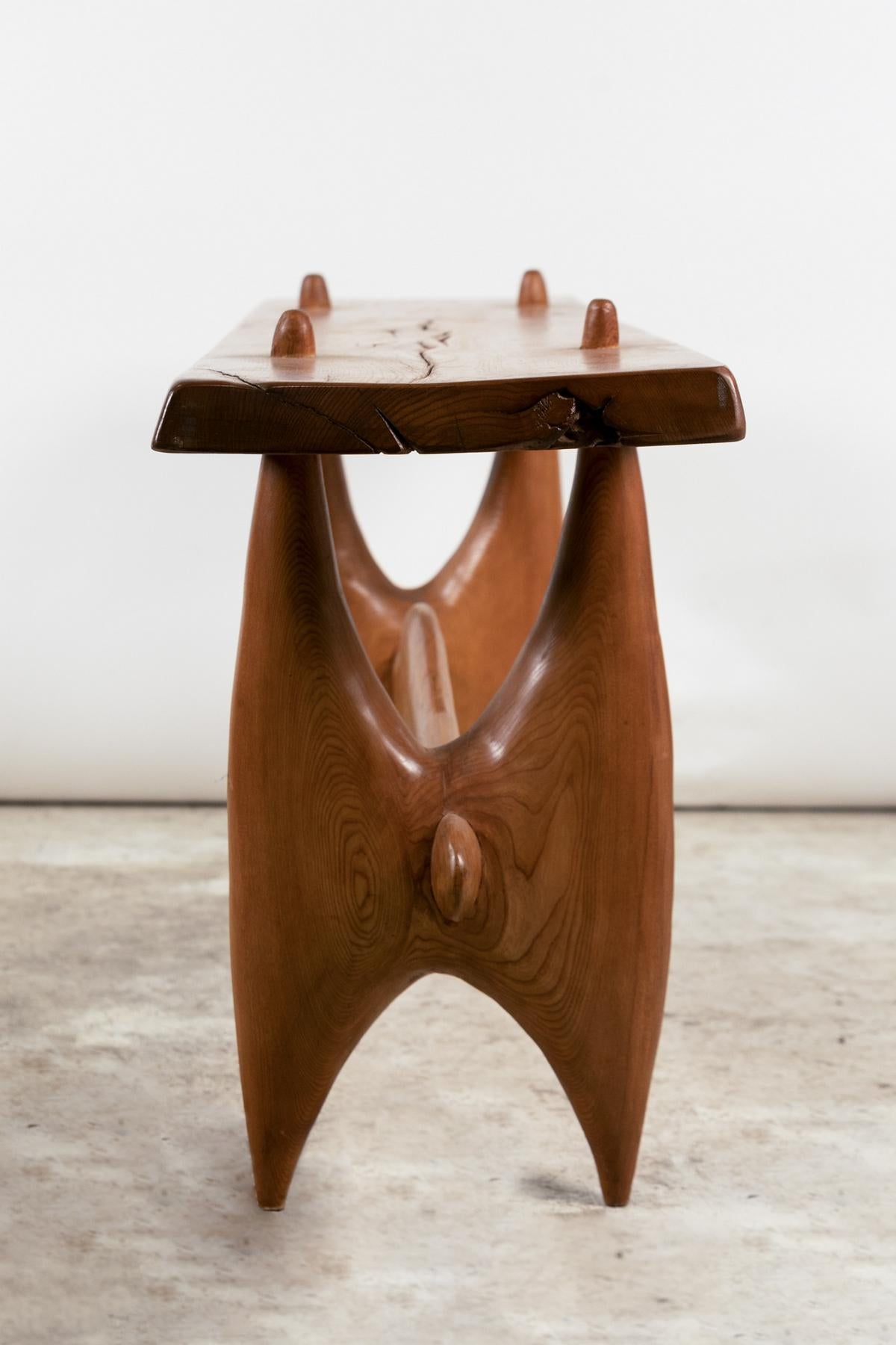 French Large Brutalist-style console in solid elm, France, circa 1980 For Sale