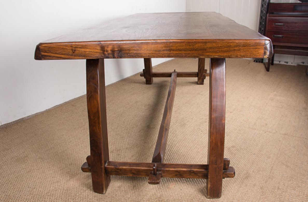 Large Brutalist style dining table in solid elm, Olavi Hanninen style, 1960s. For Sale 9