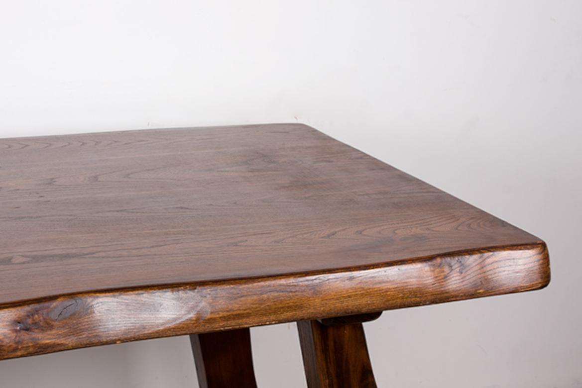Scandinavian Modern Large Brutalist style dining table in solid elm, Olavi Hanninen style, 1960s. For Sale