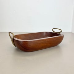 Large brutalist Teak Bowl with Brass Handles by Carl Auböck, Austria, 1950s