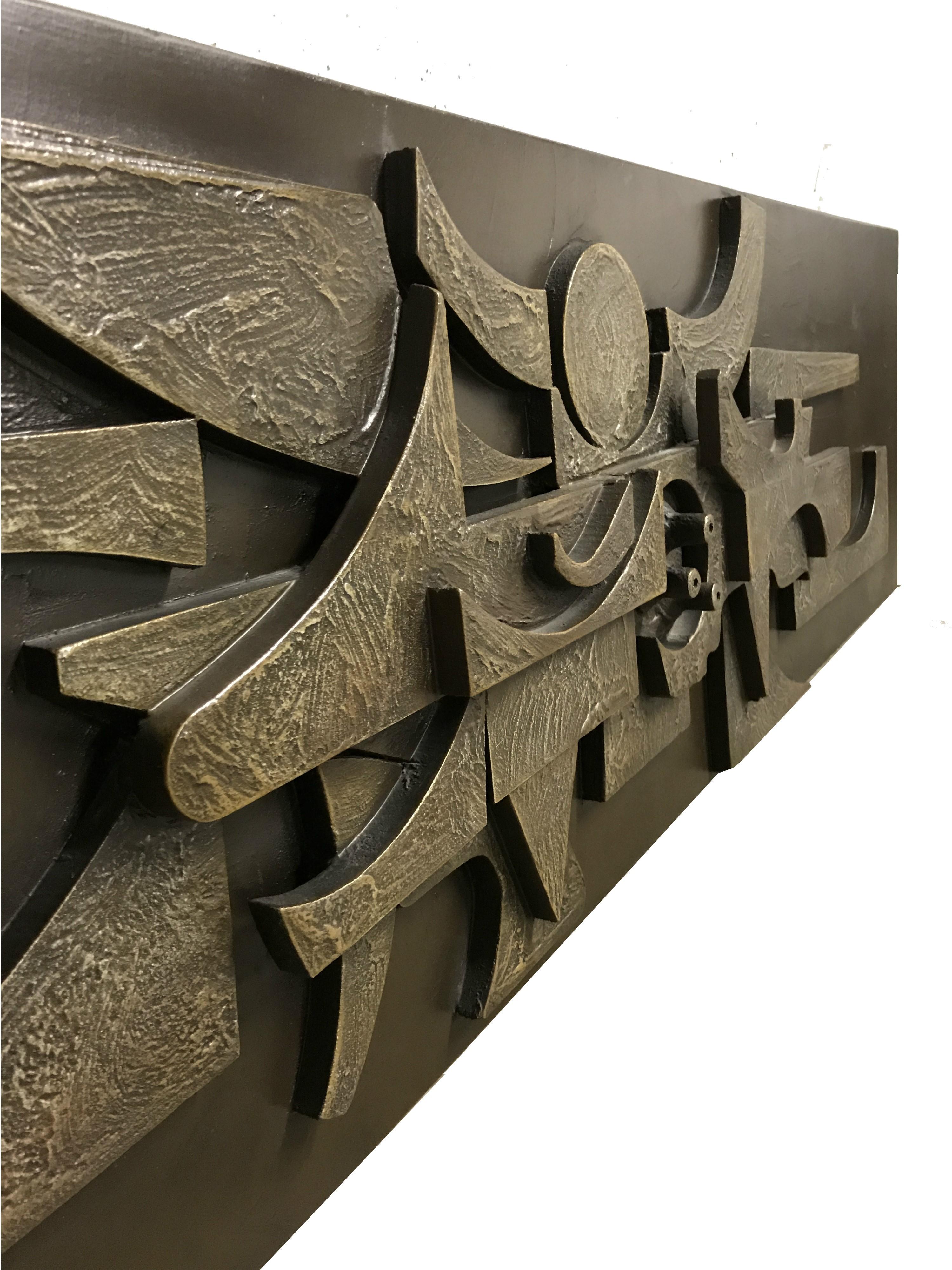 Wood Large brutalist wall sculpture, 1970s 