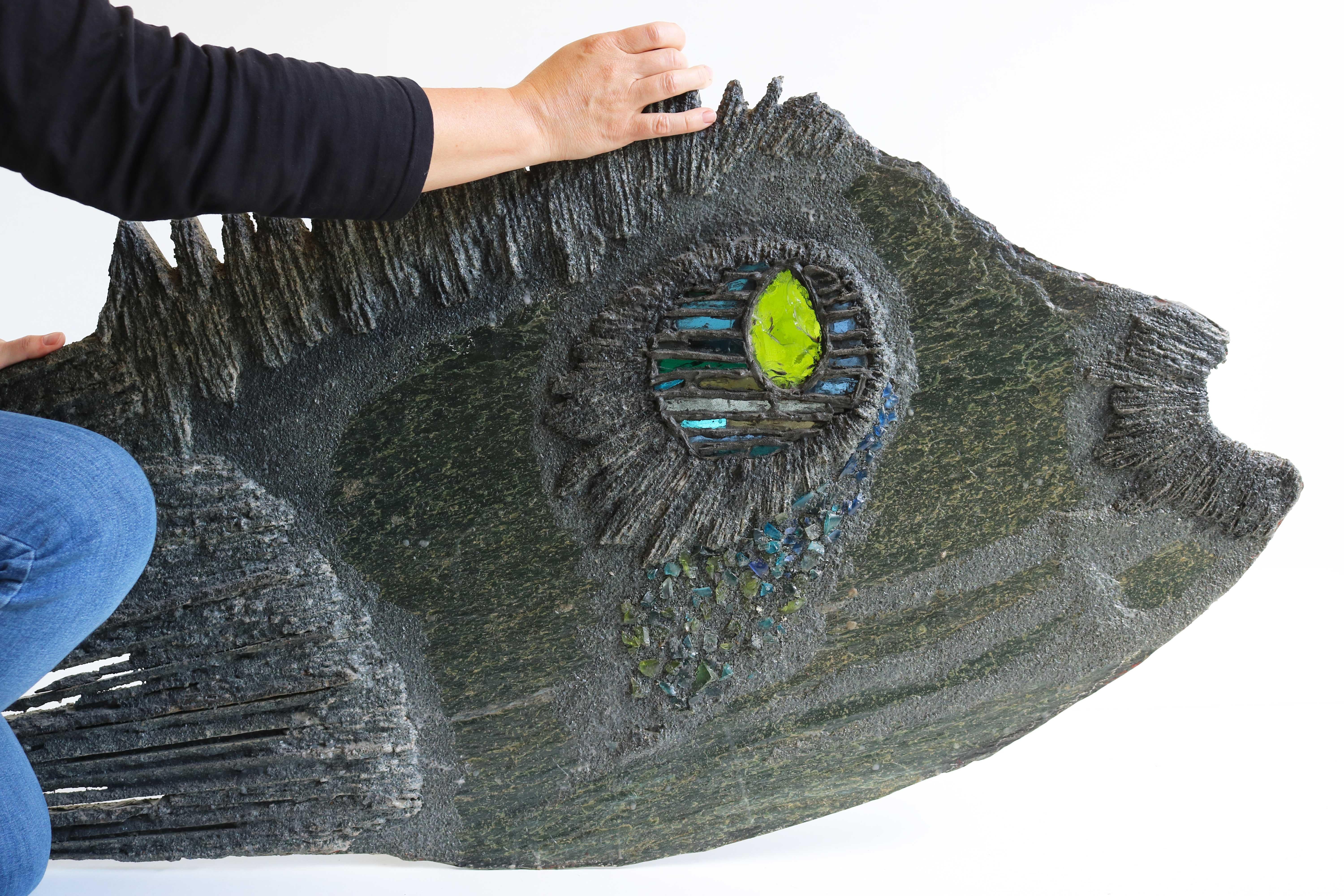 Large Brutalist Wall Sculpture ''Fish'' by Pia Manu 1970 Natural Stone and Glass For Sale 8