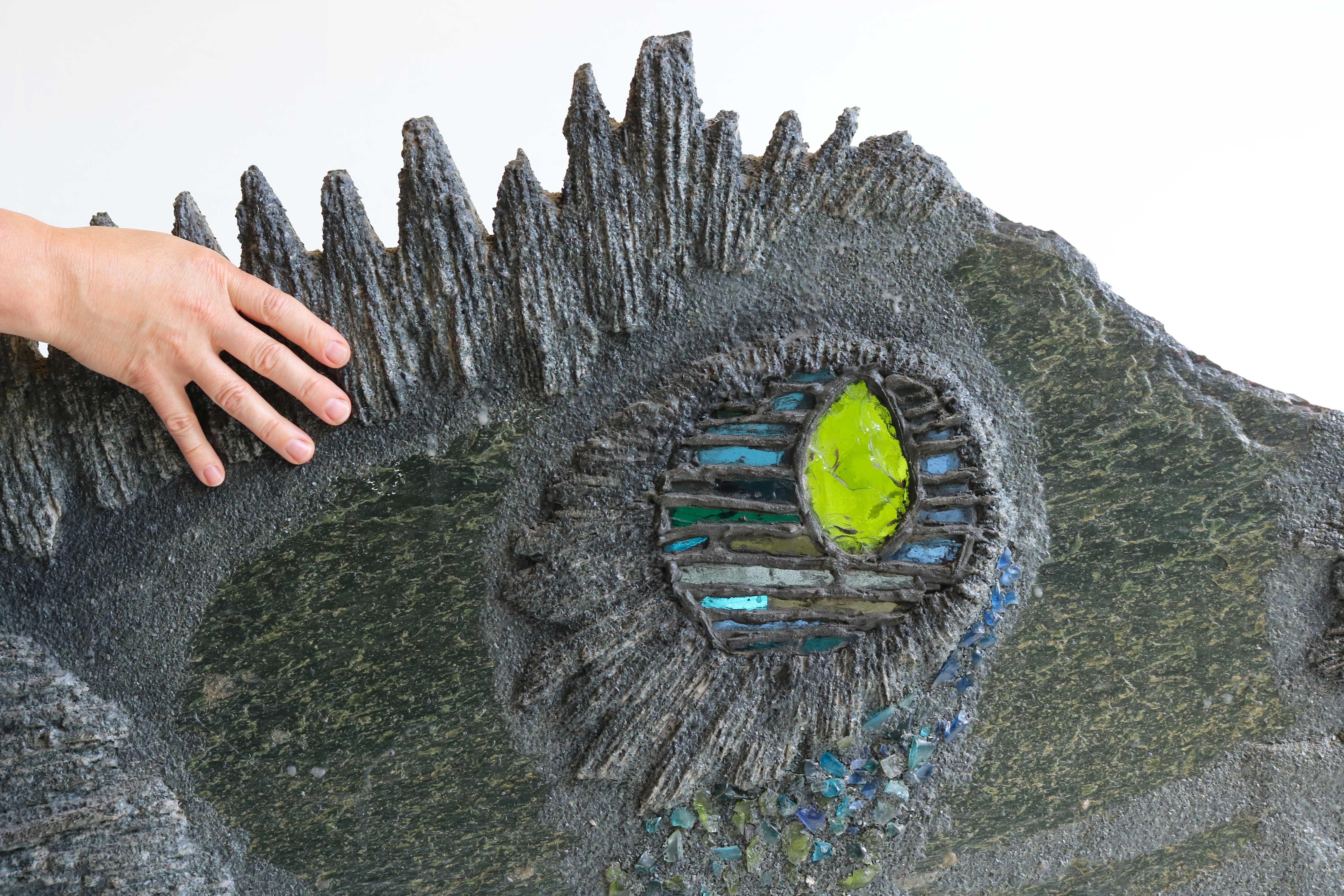 Large Brutalist Wall Sculpture ''Fish'' by Pia Manu 1970 Natural Stone and Glass For Sale 1