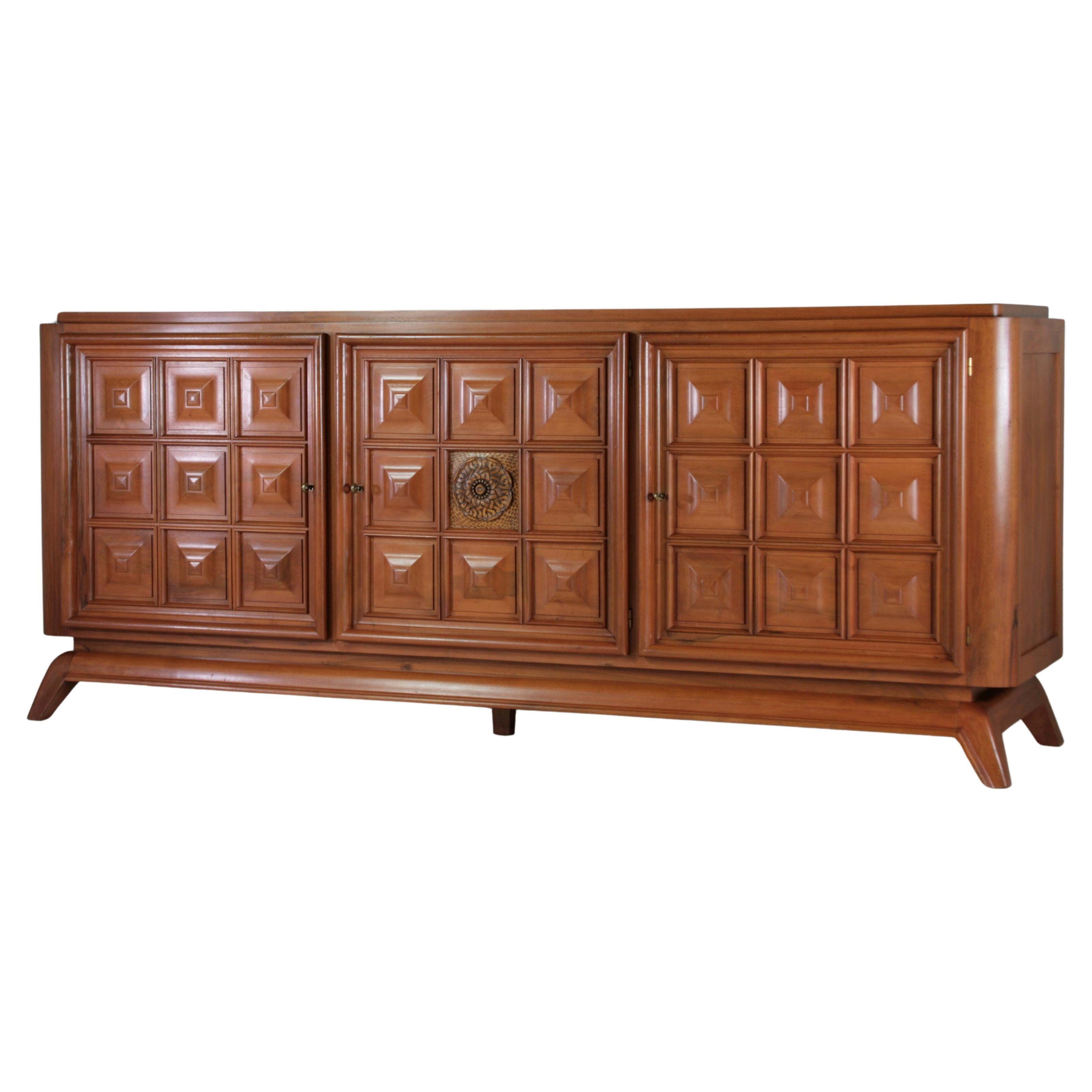 Large Brutalist Walnut Sideboard, France, 1940s