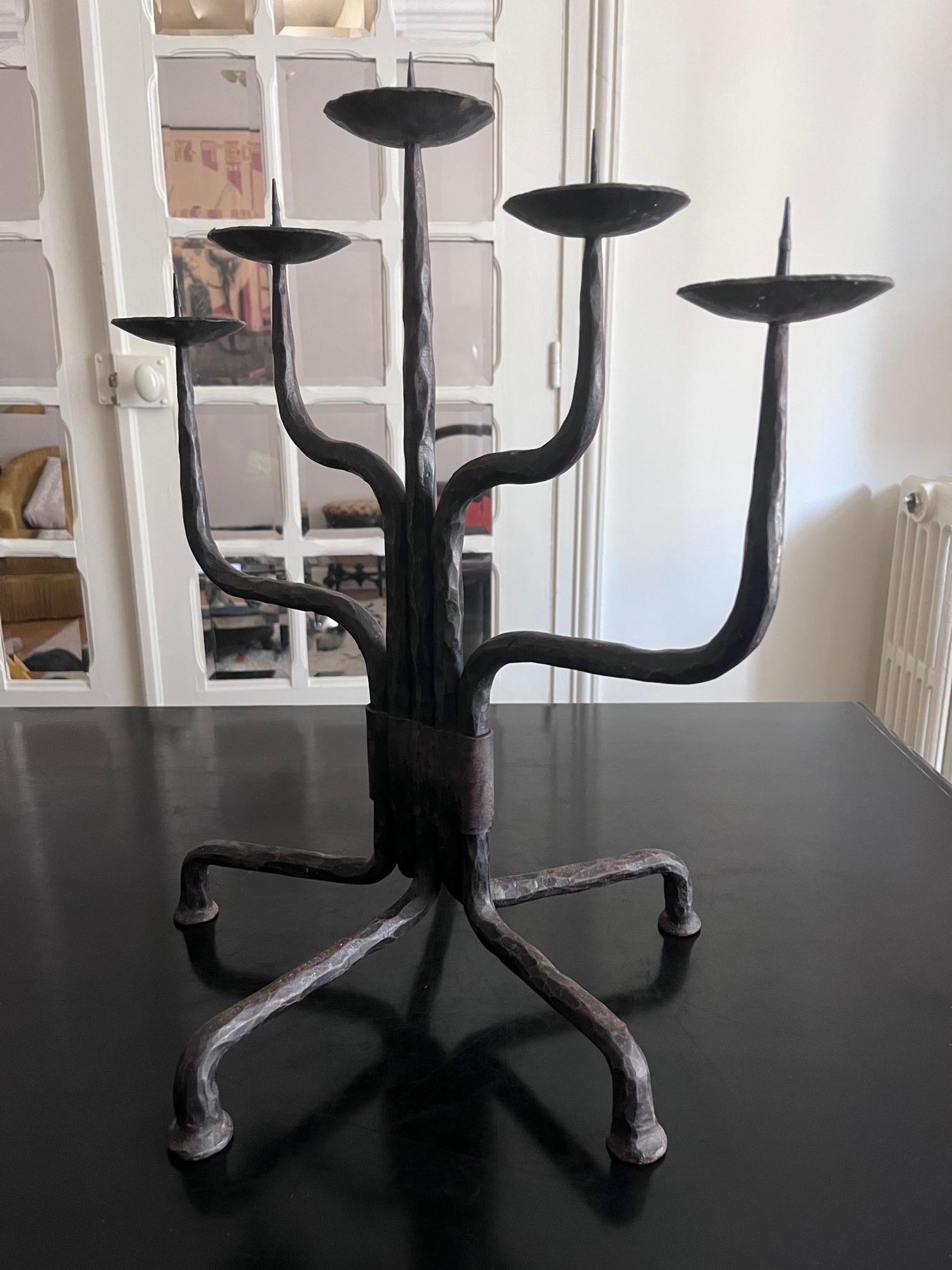 Mid-Century Modern Large Brutalist Wrought Iran Candle Holders For Sale
