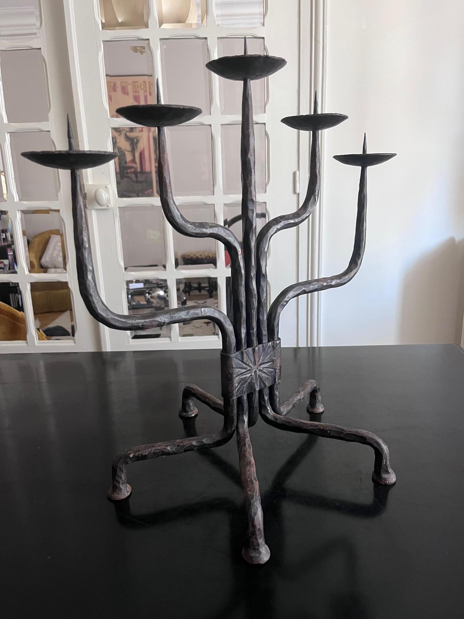 Wrought Iron Large Brutalist Wrought Iran Candle Holders For Sale