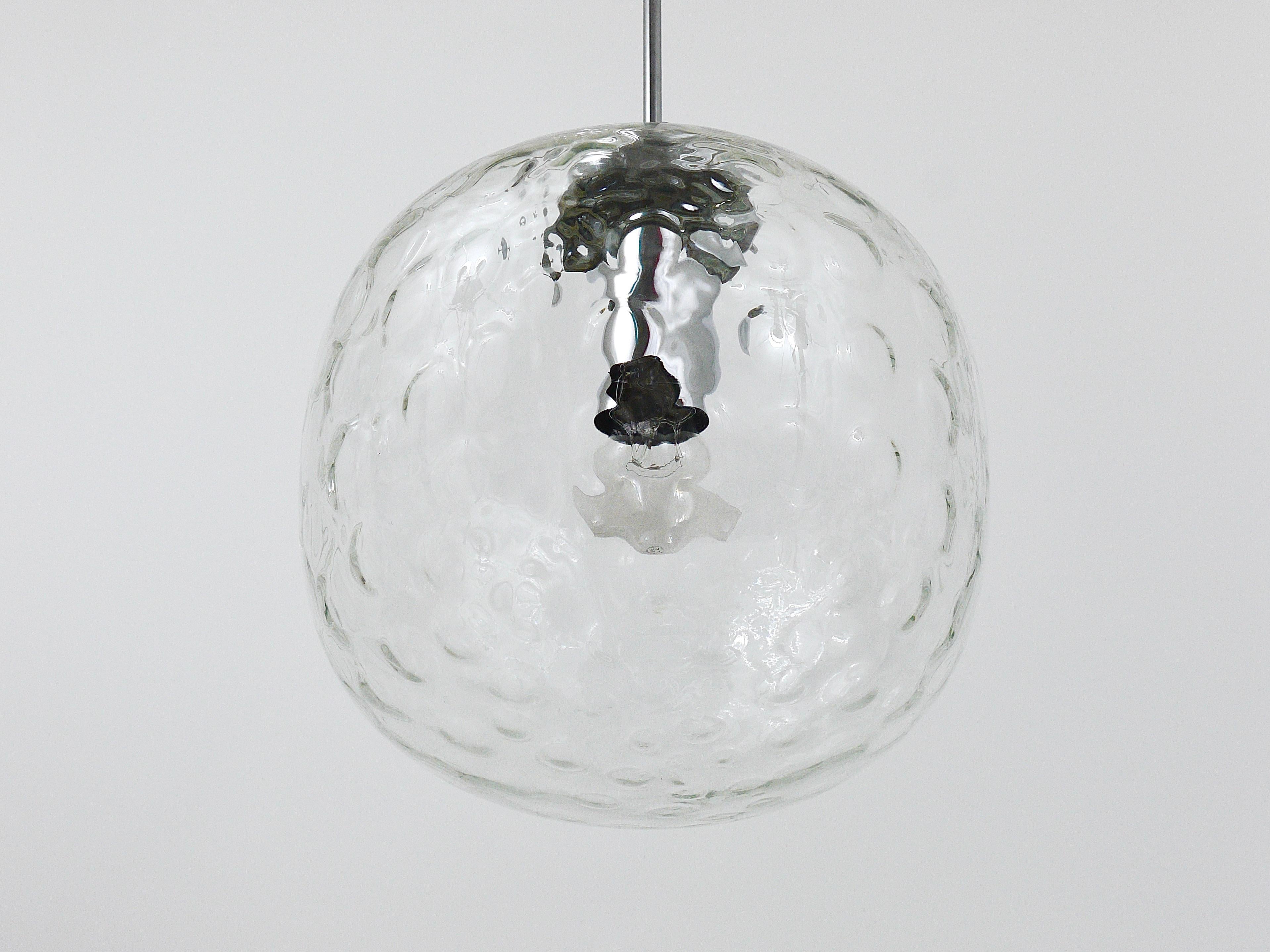 Space Age Large Bubble Melting Glass and Chrome Globe Pendant Lamp, Germany, 1970s For Sale