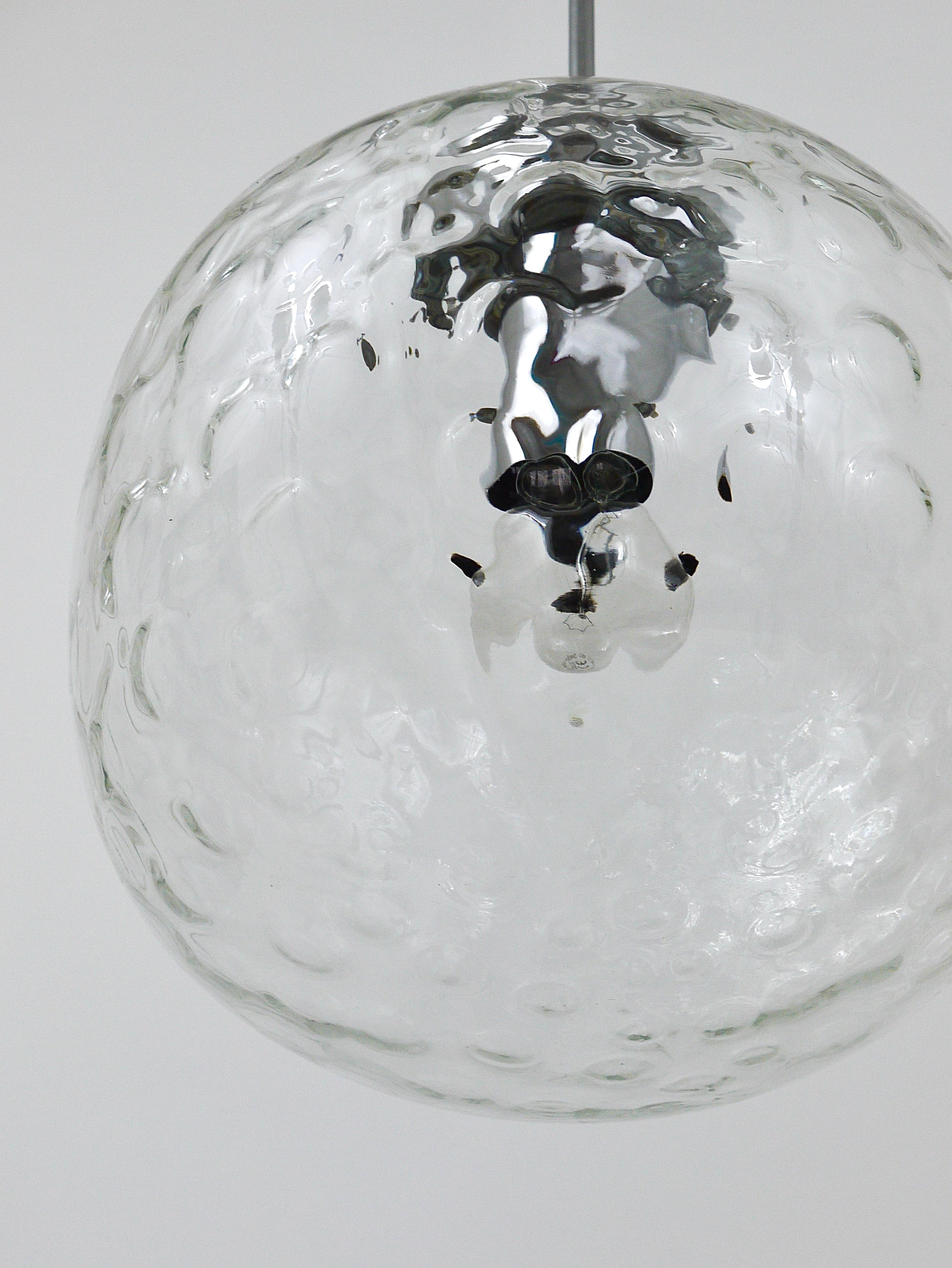 Late 20th Century Large Bubble Melting Glass and Chrome Globe Pendant Lamp, Germany, 1970s For Sale