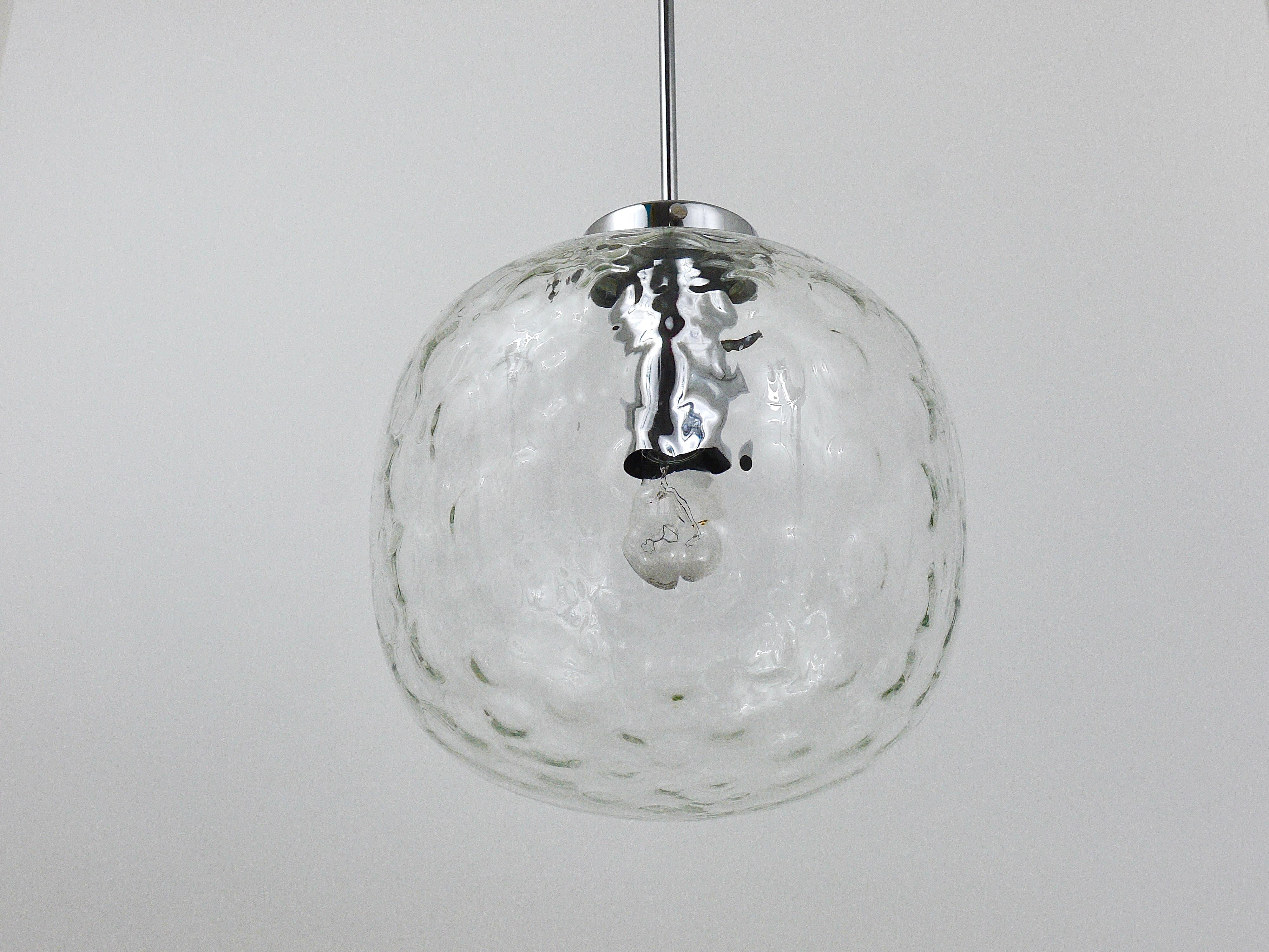 Large Bubble Melting Glass and Chrome Globe Pendant Lamp, Germany, 1970s For Sale 1