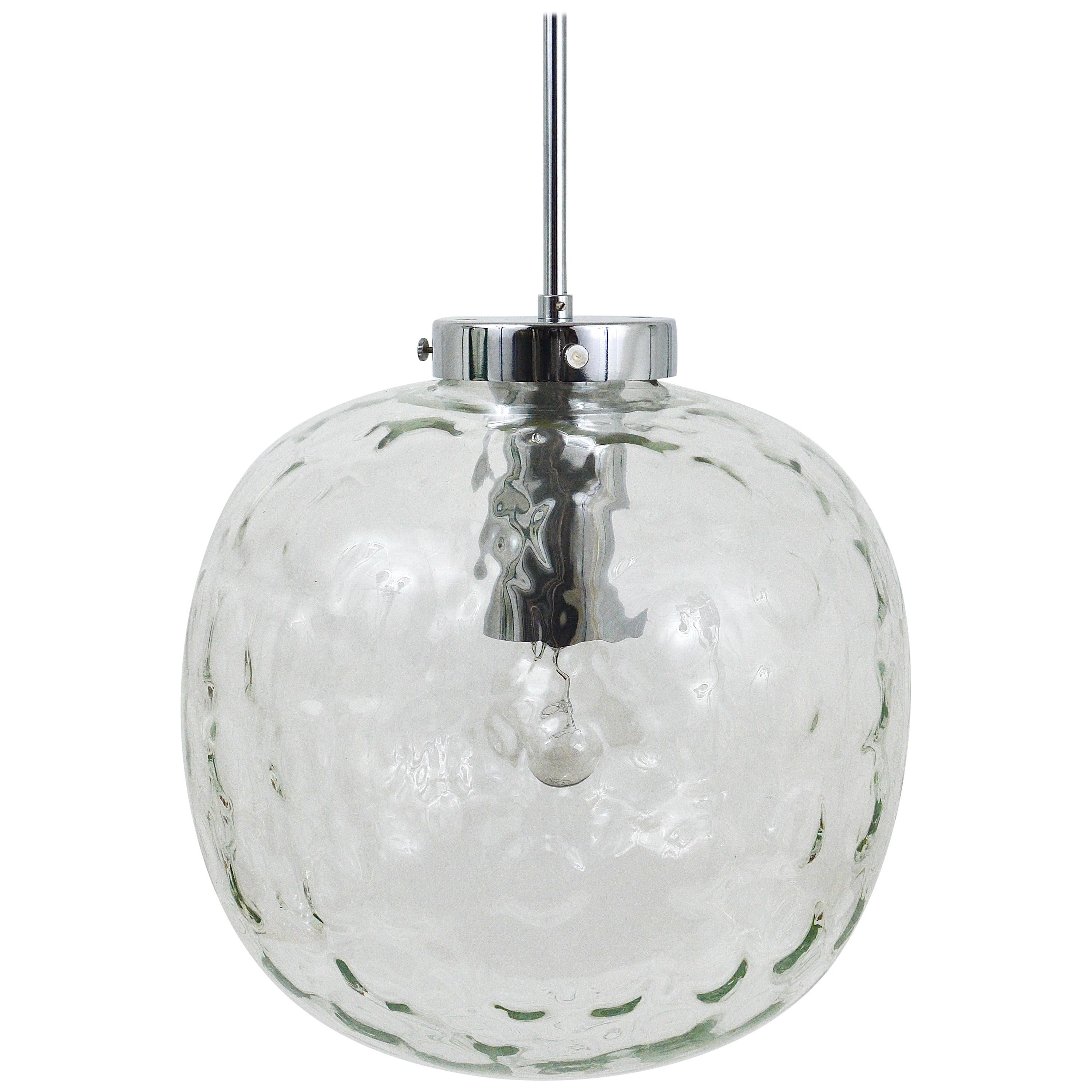 Large Bubble Melting Glass and Chrome Globe Pendant Lamp, Germany, 1970s For Sale