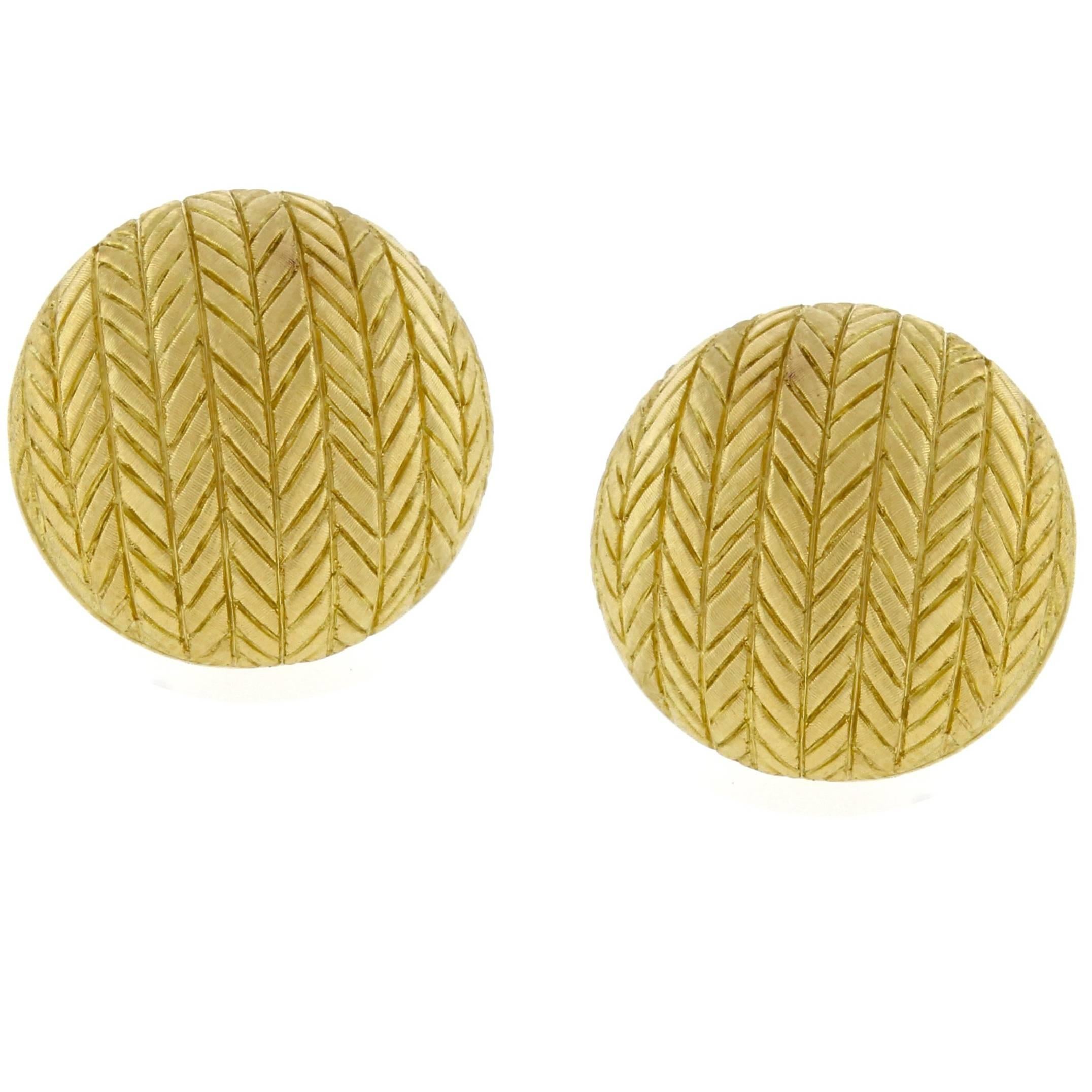Large Buccellati Gold Herringbone Button Earrings For Sale