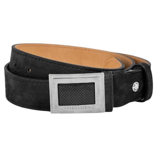 Large Buckle Belt in Black Leather & Brushed Titanium Clasp, Size S For Sale
