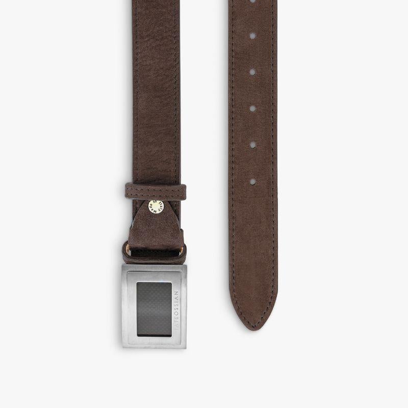 Large Buckle Belt in Brown Leather & Brushed Titanium Clasp, Size L

Our unique collection of belt buckles has been designed with every gentleman in mind. For the more adventurous gentleman, this unique titanium buckle features an inlay of carbon