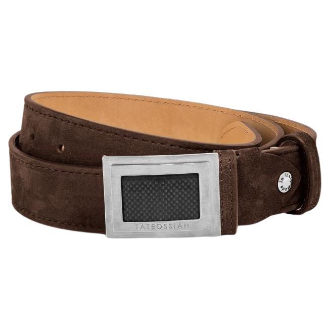 Large Buckle Belt in Brown Leather & Brushed Titanium Clasp, Size S For Sale