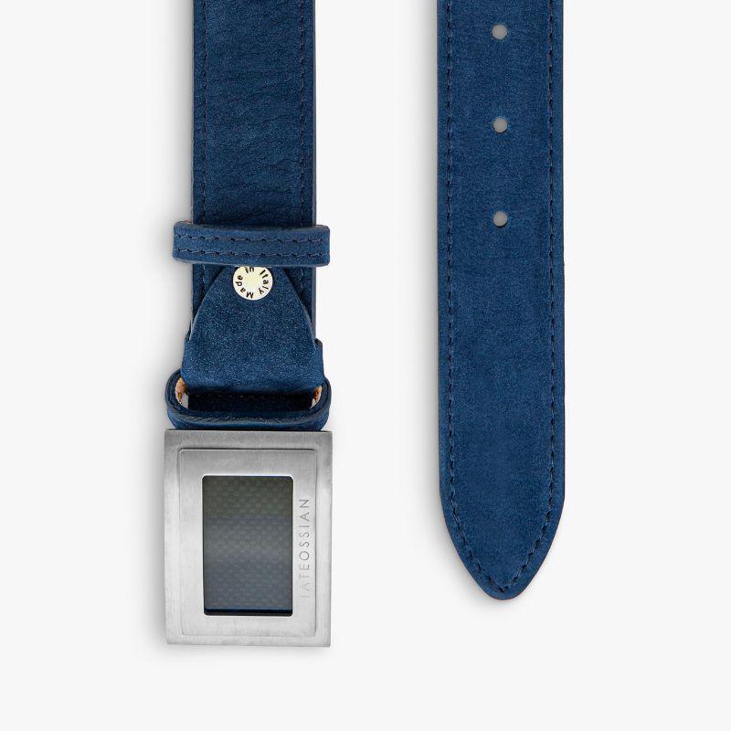 Large Buckle Belt in Navy Leather & Brushed Titanium Clasp, Size L

Our unique collection of belt buckles has been designed with every gentleman in mind. For the more adventurous gentleman, this unique titanium buckle features an inlay of carbon
