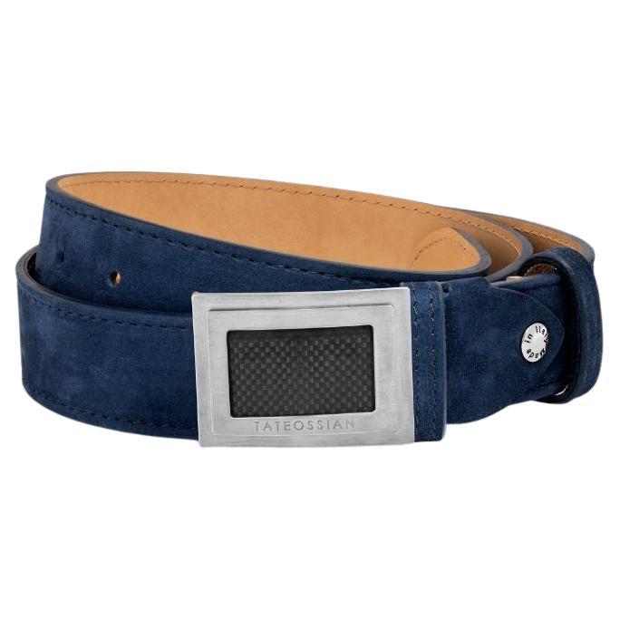 Large Buckle Belt in Navy Leather & Brushed Titanium Clasp, Size S For Sale
