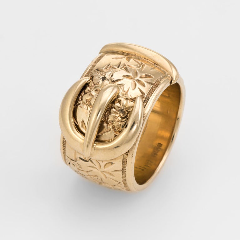 Large Buckle Ring Vintage 9 Karat Yellow Gold Men's Band Etched Flowers at 1stDibs mens buckle