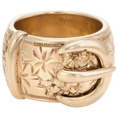Large Buckle Ring Retro 9 Karat Yellow Gold Men's Band Etched Flowers
