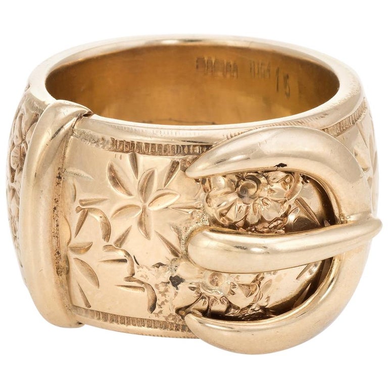 Large Buckle Ring Vintage 9 Karat Yellow Gold Men&#39;s Band Etched Flowers at 1stdibs