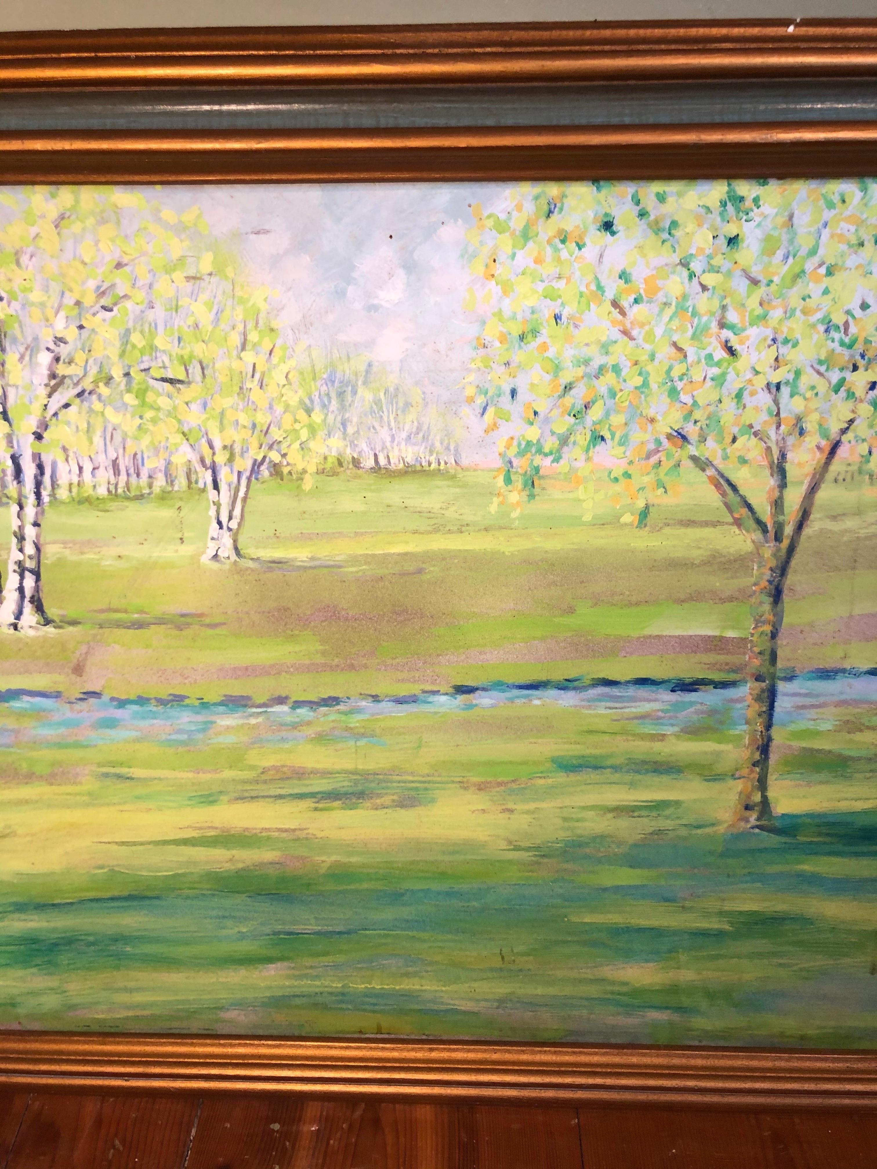 Große bukolische Landschaft mit Birkenbäumen und Fluss im Angebot 8