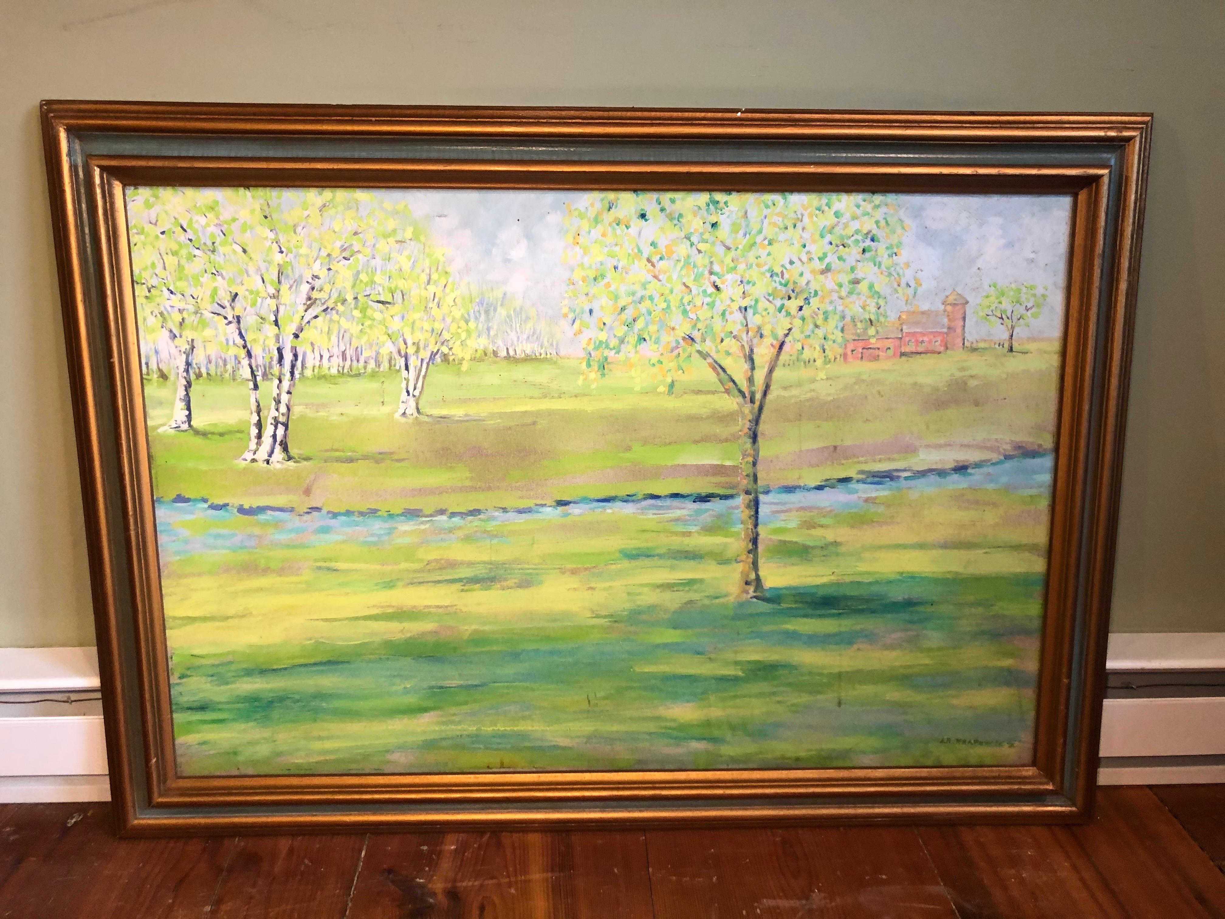 Große bukolische Landschaft mit Birkenbäumen und Fluss im Zustand „Gut“ im Angebot in Redding, CT