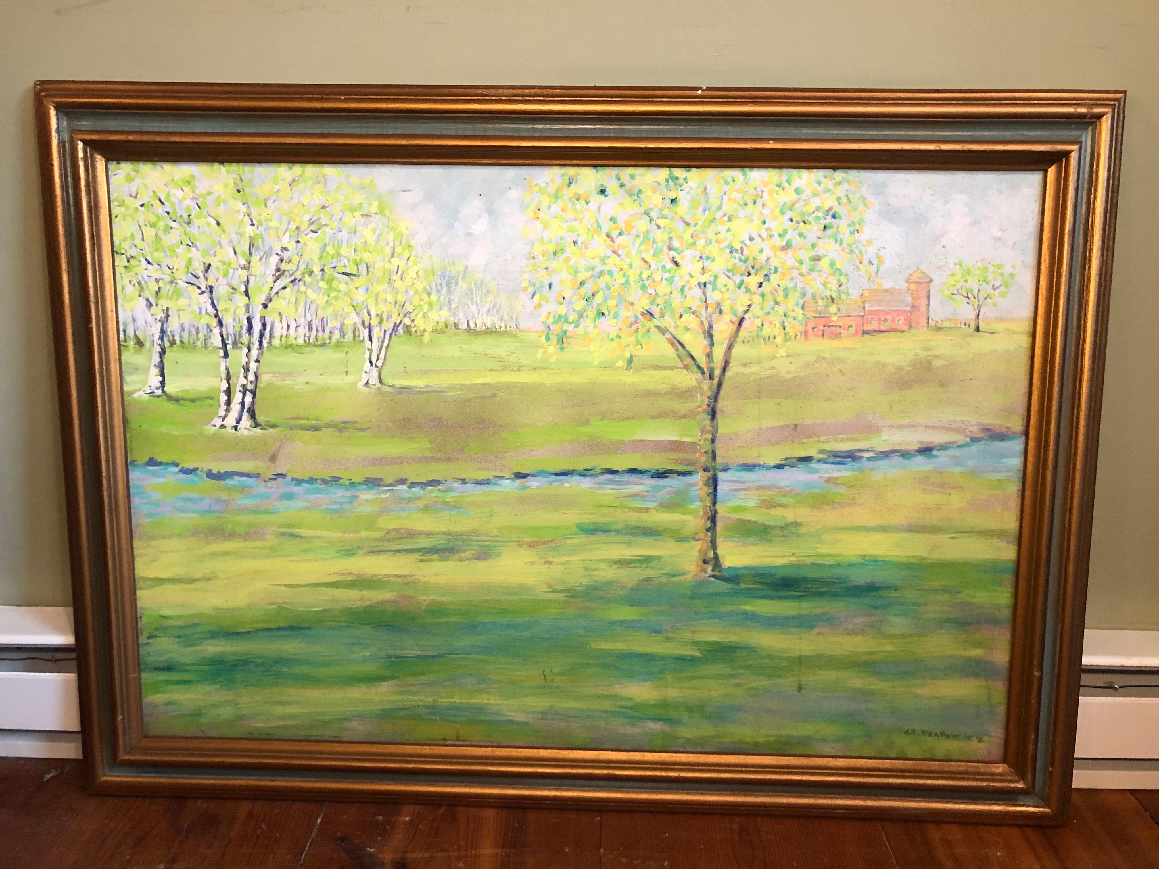 Große bukolische Landschaft mit Birkenbäumen und Fluss (Ende des 20. Jahrhunderts) im Angebot