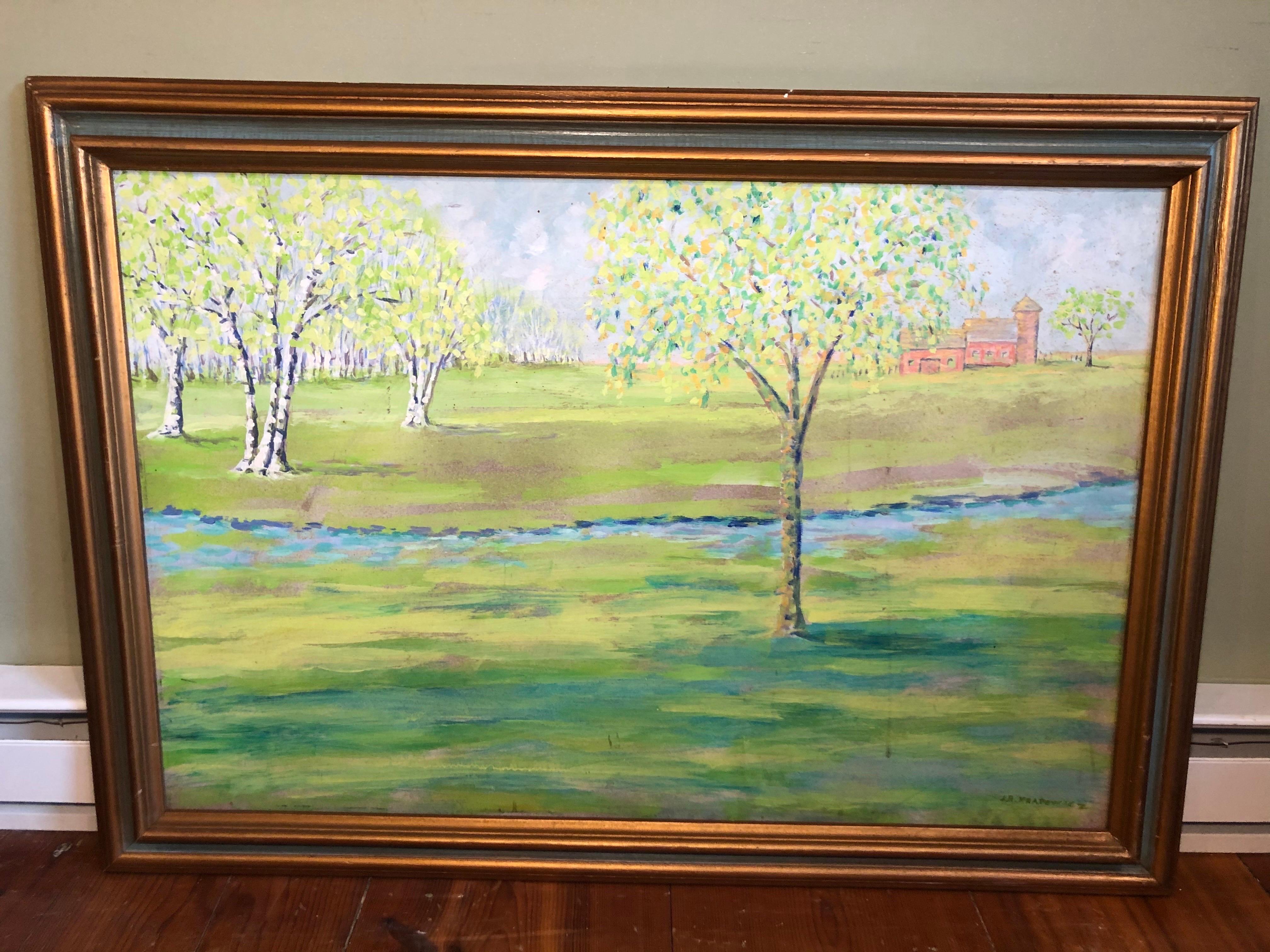 Große bukolische Landschaft mit Birkenbäumen und Fluss im Angebot 4