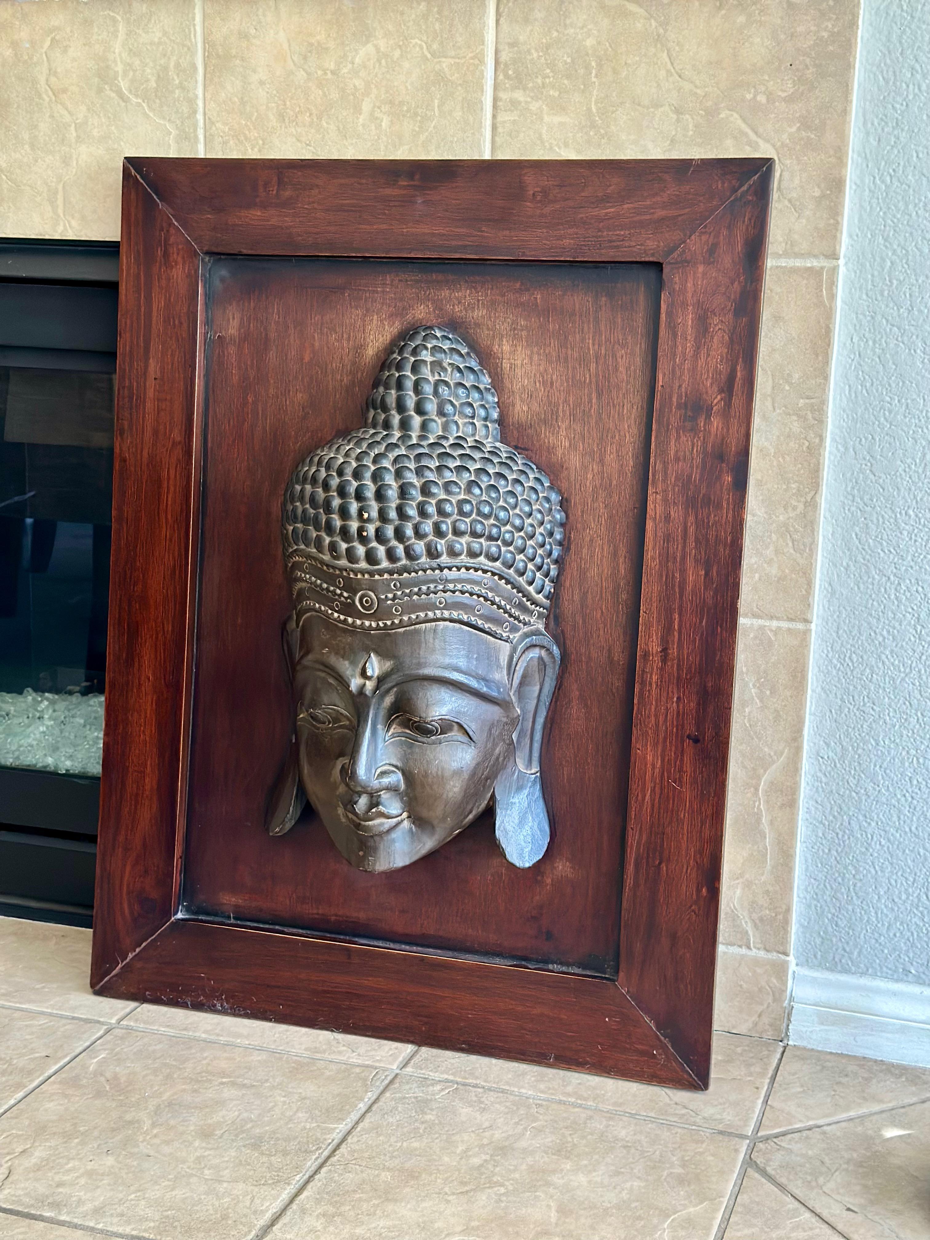 Grande tête de bouddha Wood Carved Sculpture Wall Art en vente 11