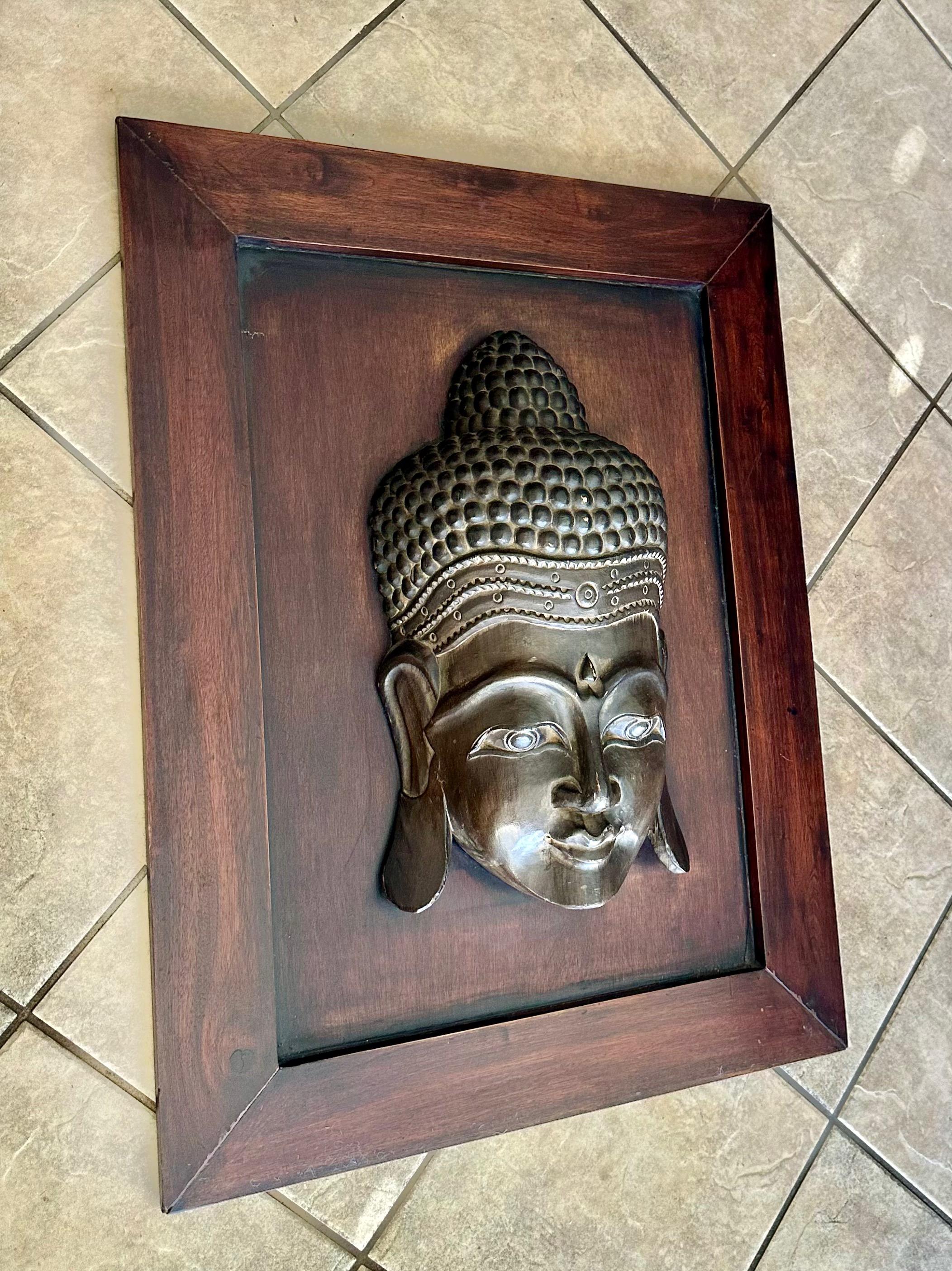 Grande tête de bouddha Wood Carved Sculpture Wall Art en vente 14