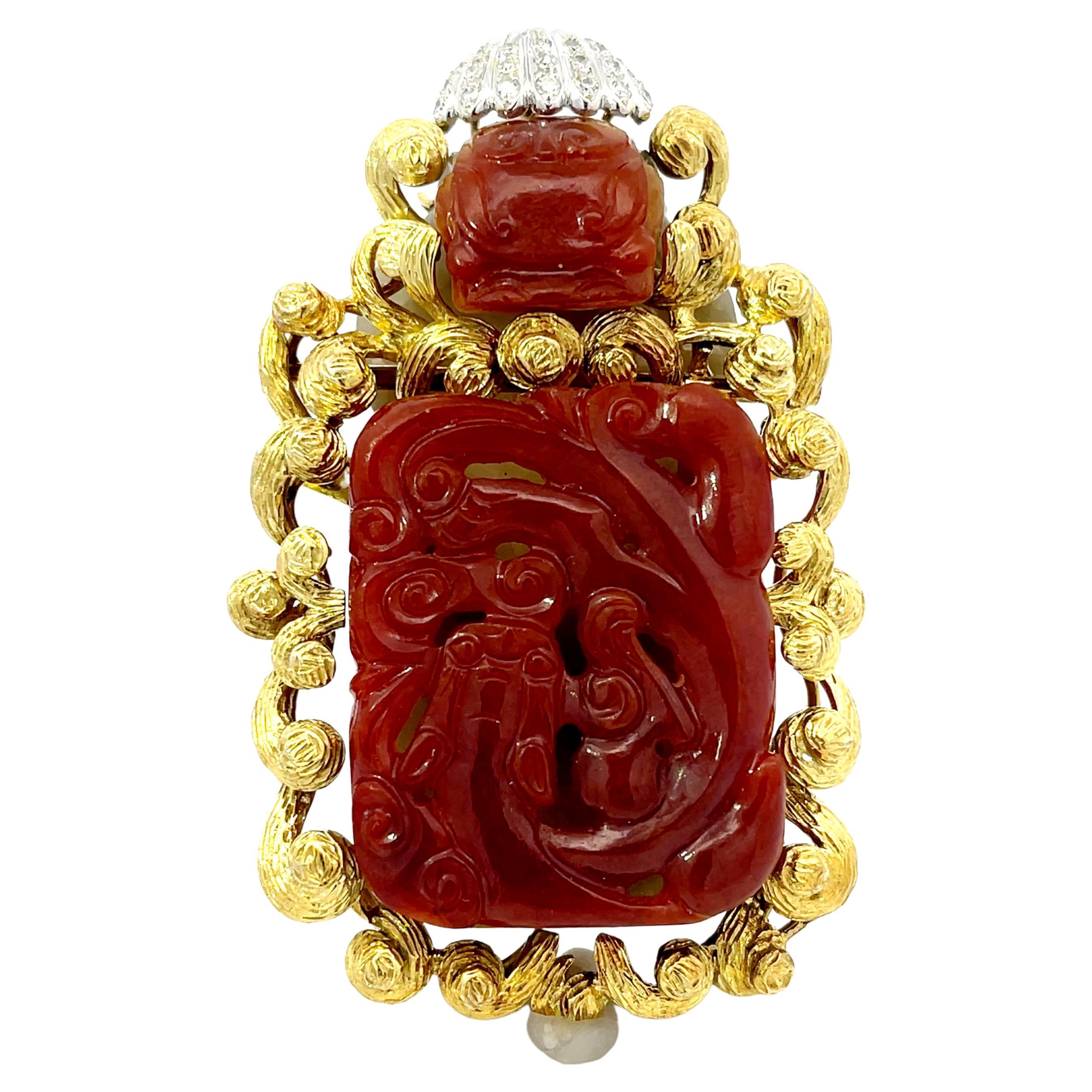 Large Buddha Themed Red Jade and Diamond Brooch/Pendant in 14k Yellow Gold For Sale
