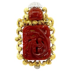 Antique Large Buddha Themed Red Jade and Diamond Brooch/Pendant in 14k Yellow Gold