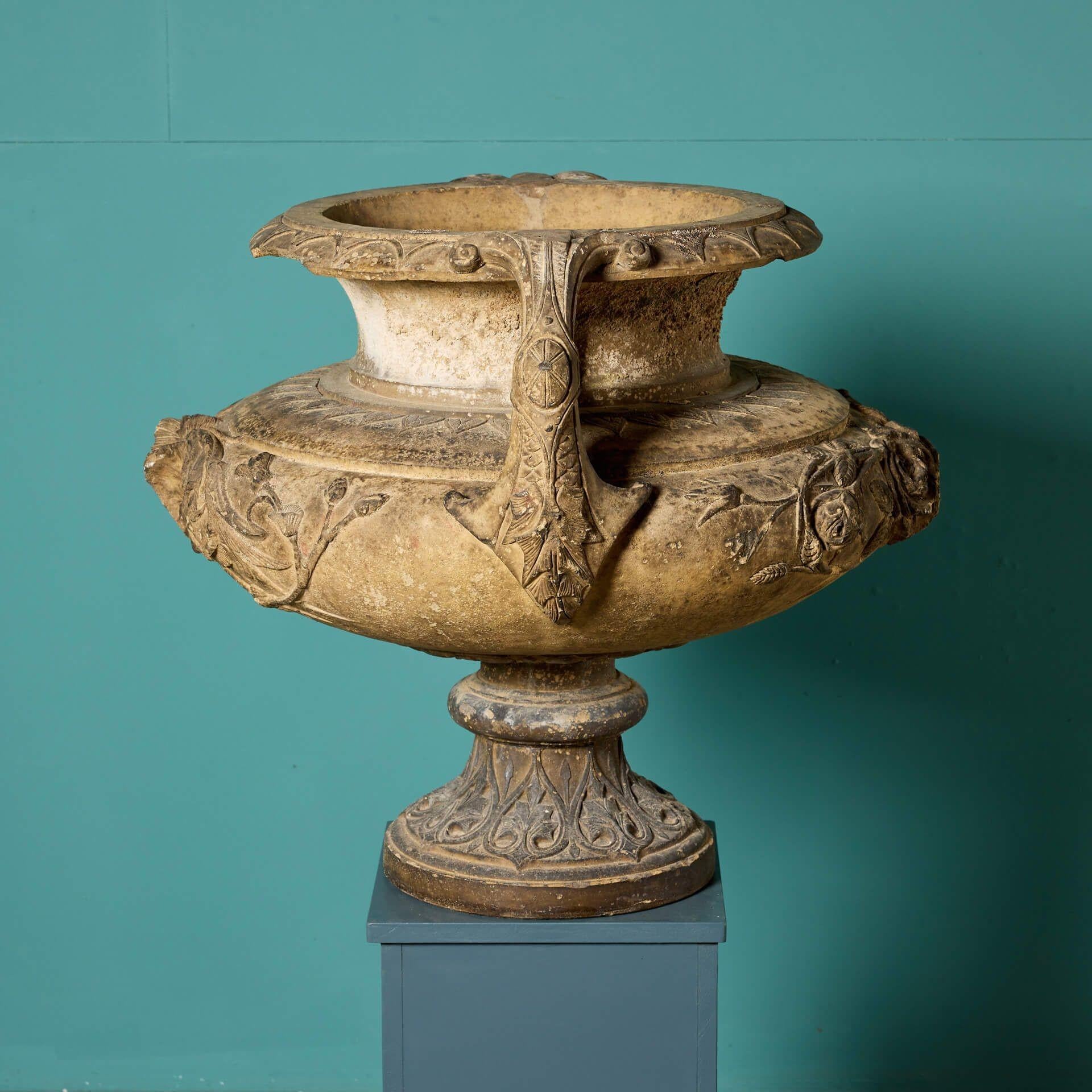 19th Century Large Buff Terracotta Antique Centrepiece Urn For Sale