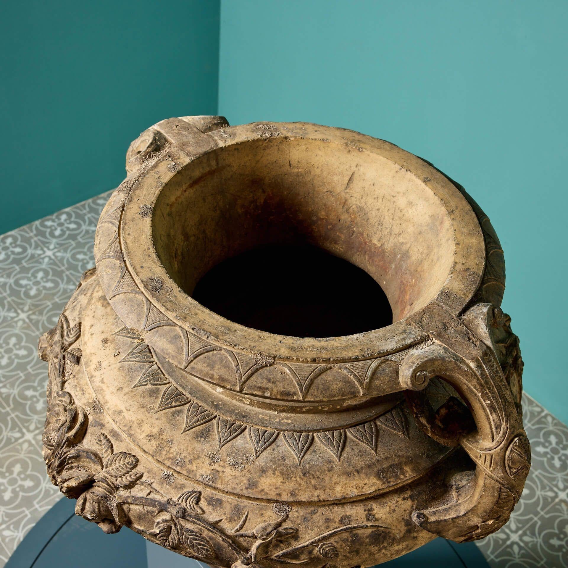 Large Buff Terracotta Antique Centrepiece Urn For Sale 3