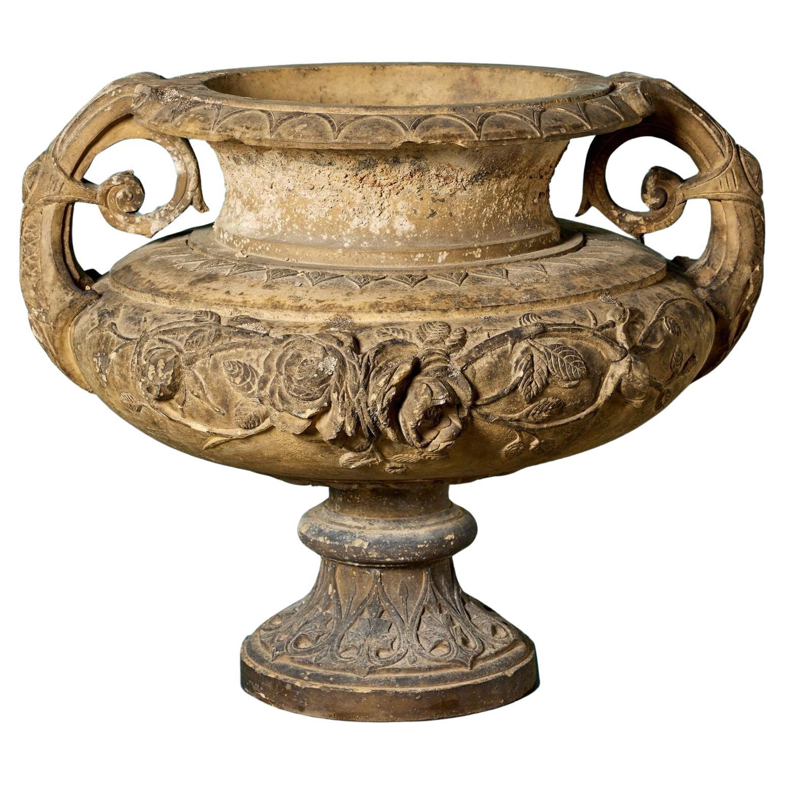 Large Buff Terracotta Antique Centrepiece Urn For Sale