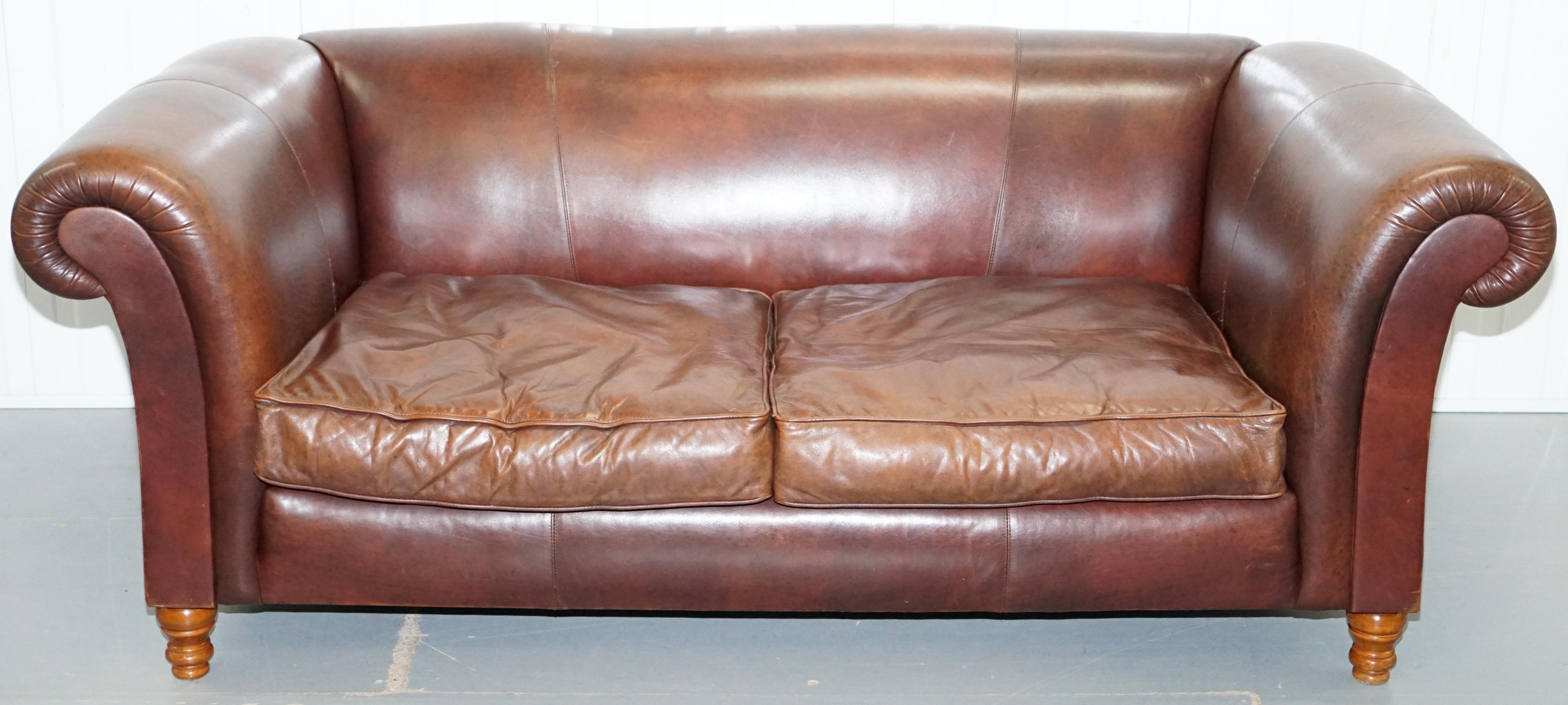 We are delighted to offer for sale this lovely vintage Buffalo leather oversized three-seat brown leather sofa with feather filled cushions

This sofa is all singing, all dancing and super comfortable, it has the fully sprung front edge which is