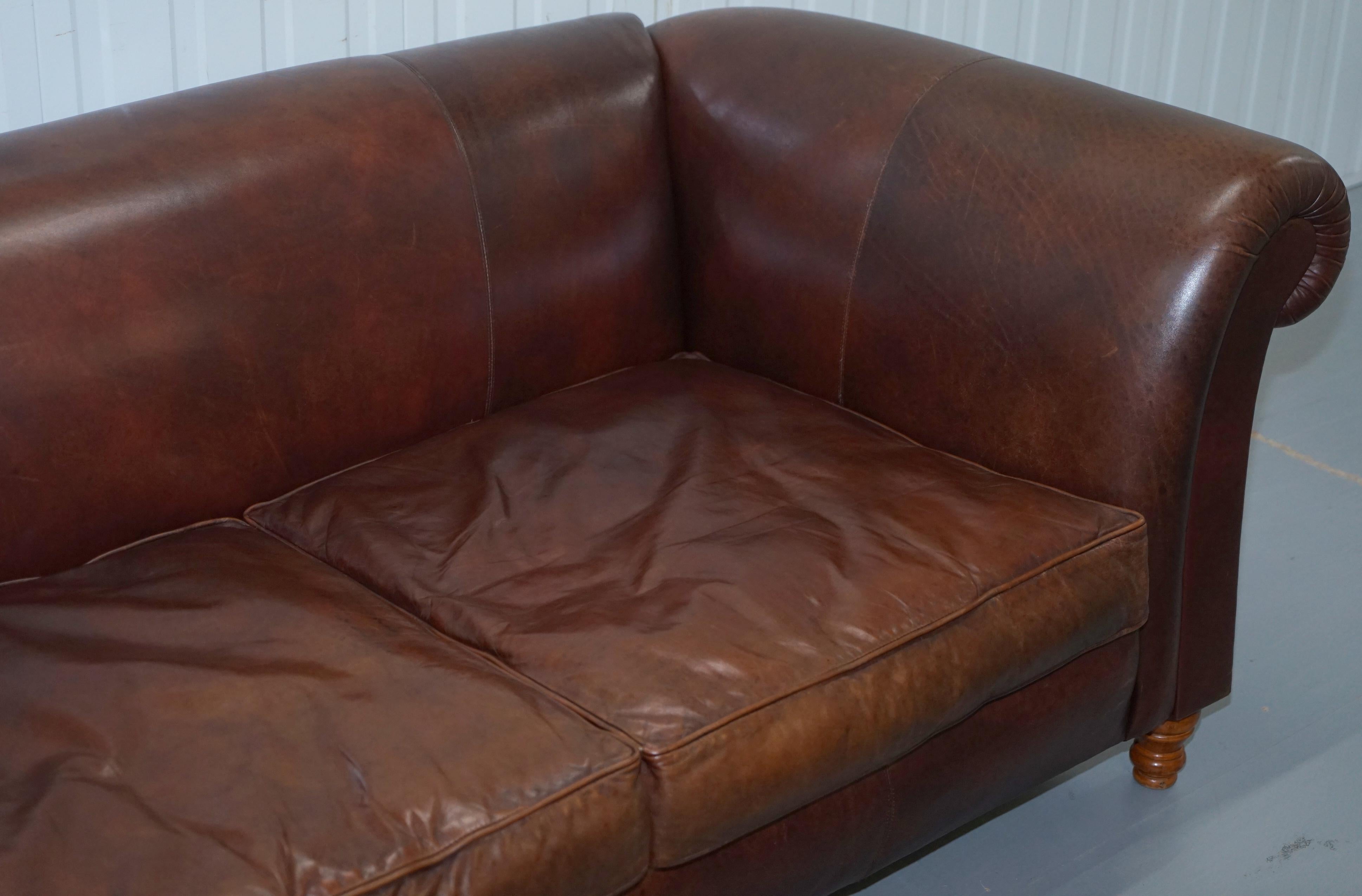 British Large Buffalo Vintage Brown Leather Sofa Feather Filled Cushions Coil Sprung
