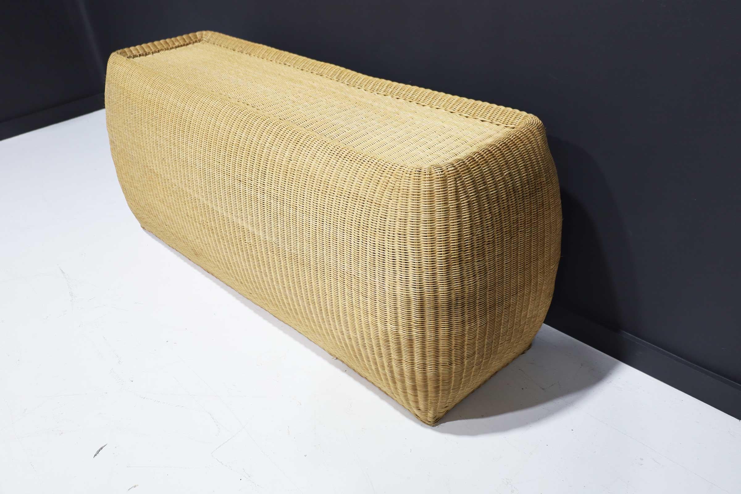 Great for a indoor patio or a beach, ranch or mountain house. A large wicker console with clean lines and a substantial form. Adds beautiful texture to a room. Smart to add a glass top. We can supply. 
 