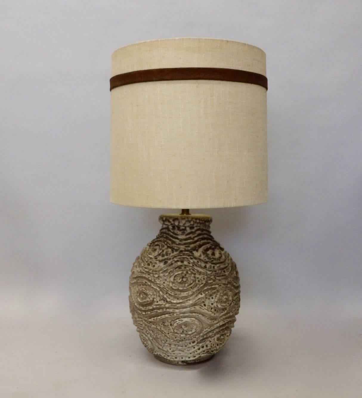 Mid-Century Modern Deeply Textured Large Bulbous Form Pottery Table Lamp  For Sale