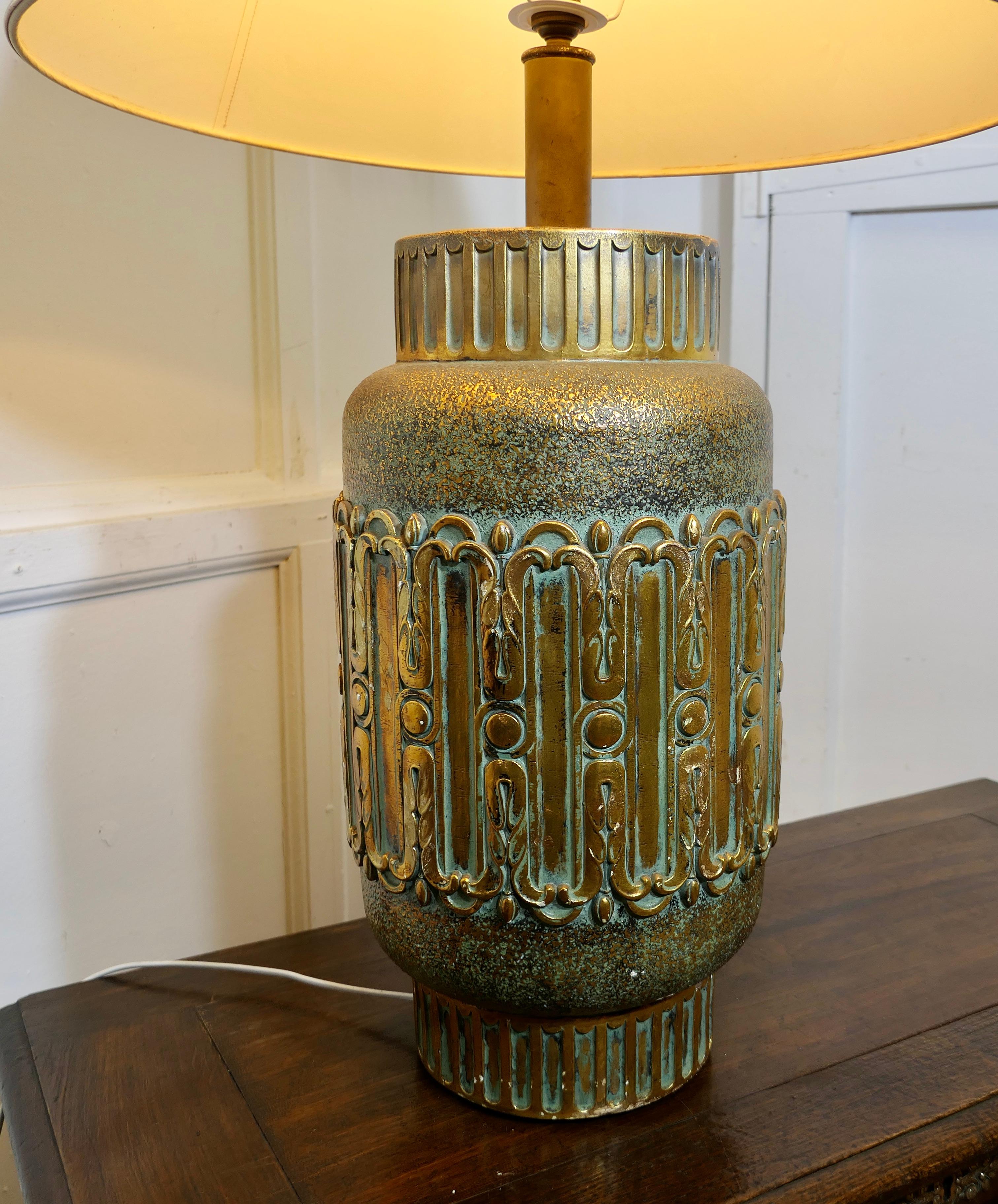 Large Bulbous Simulated Brass Ceramic Vase Lamp    For Sale 1