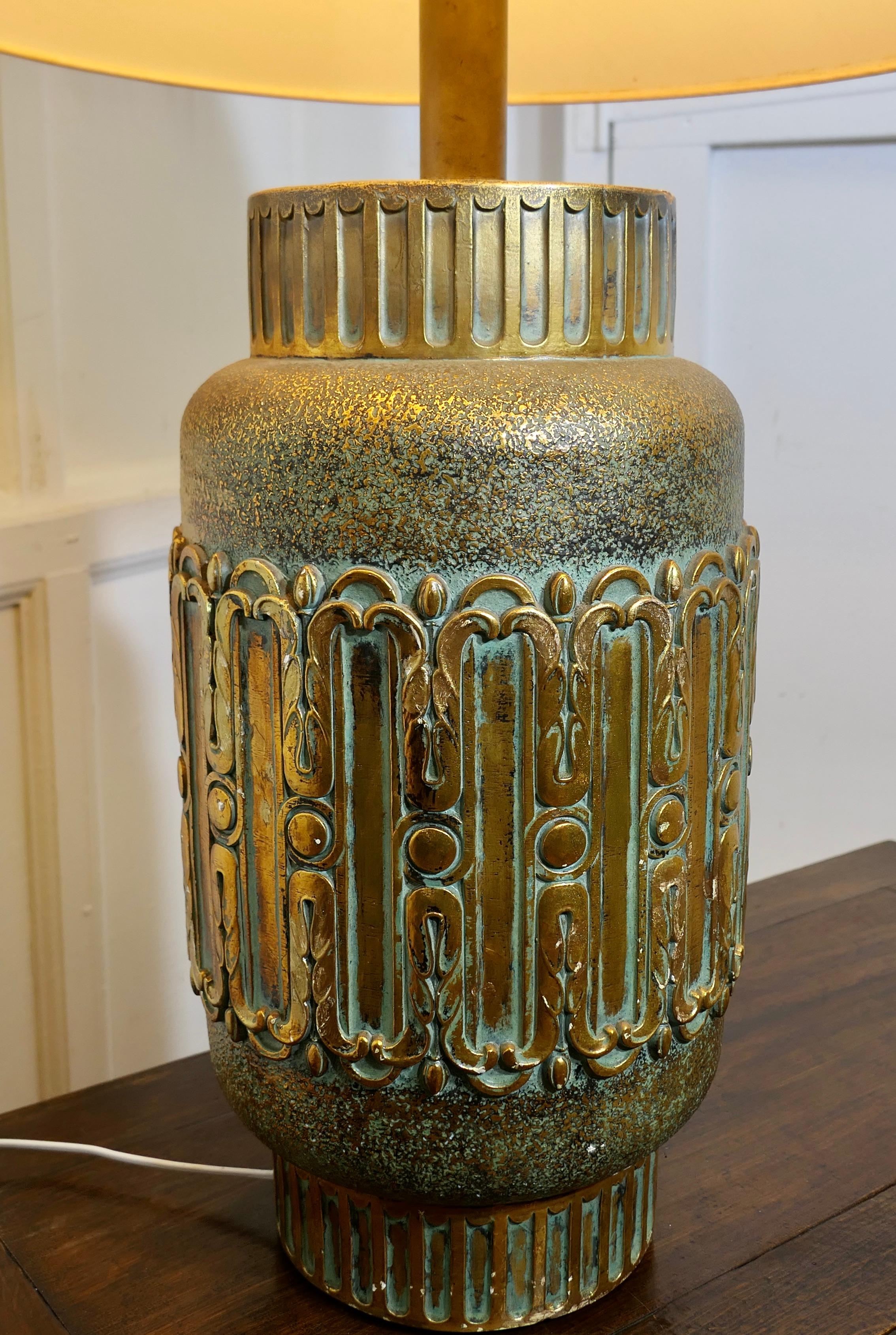 Large Bulbous Simulated Brass Ceramic Vase Lamp    For Sale 2