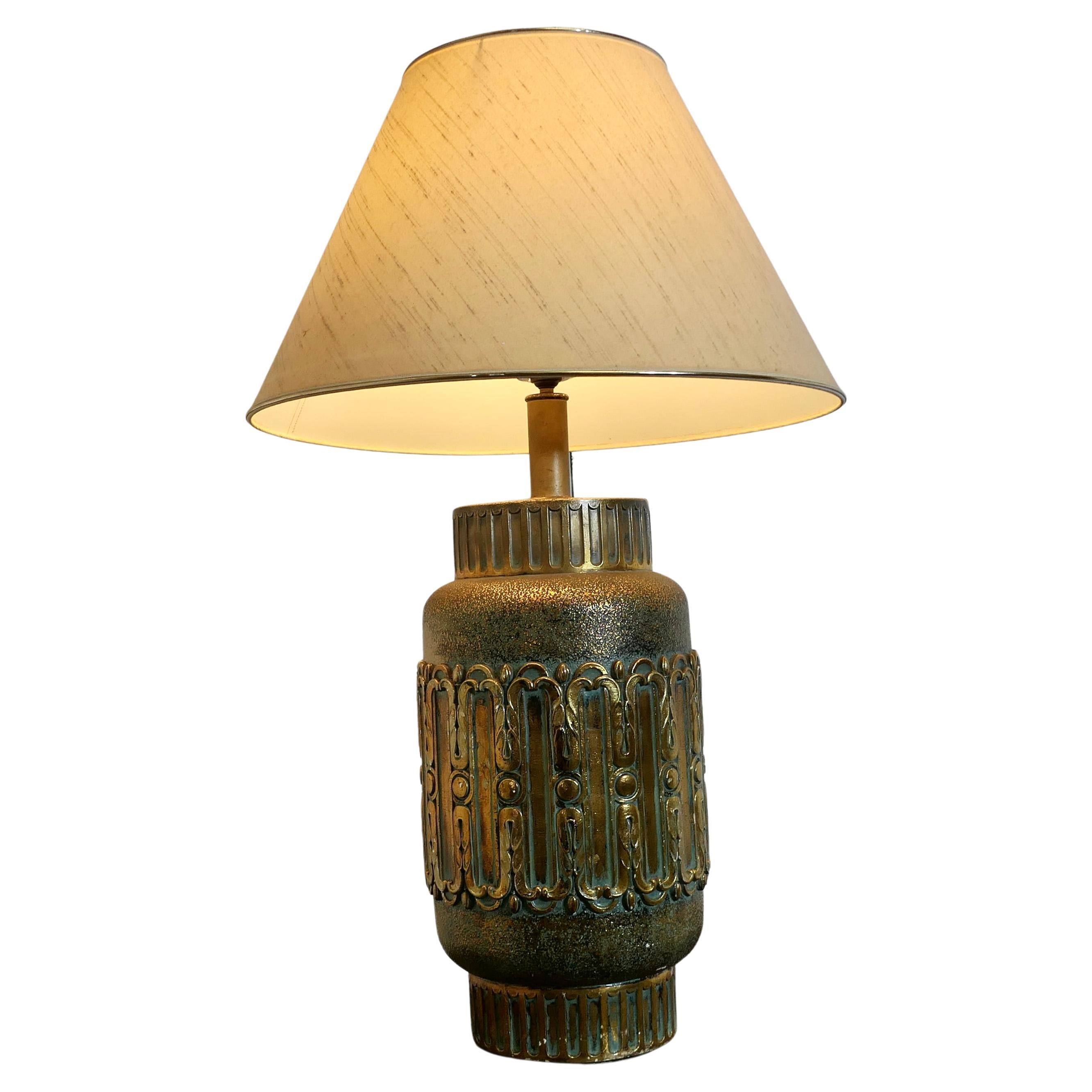 Large Bulbous Simulated Brass Ceramic Vase Lamp    For Sale