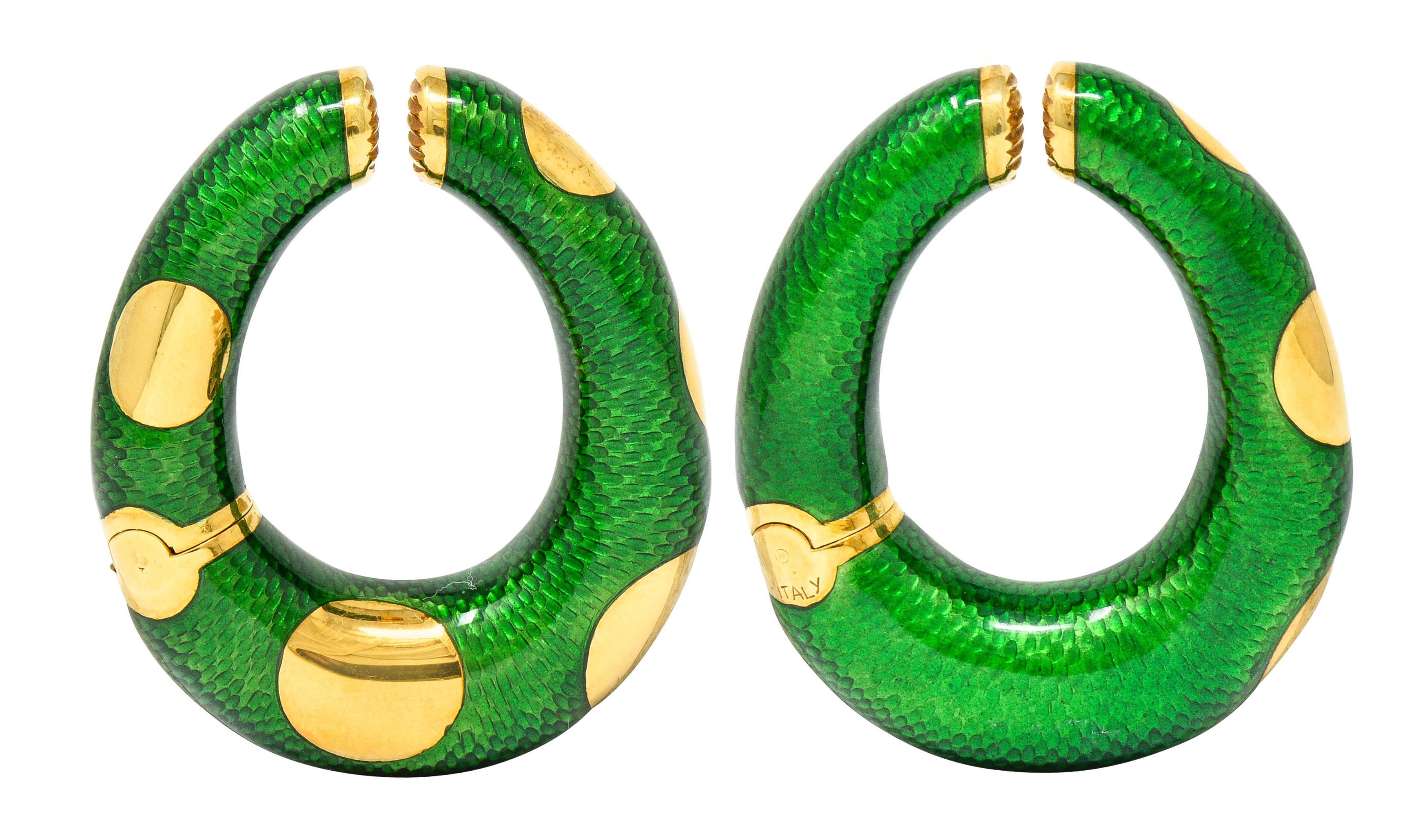 Large Bulgari 1970s Vintage Enamel 18 Karat Gold Hoop Ear-Clip Earrings 5