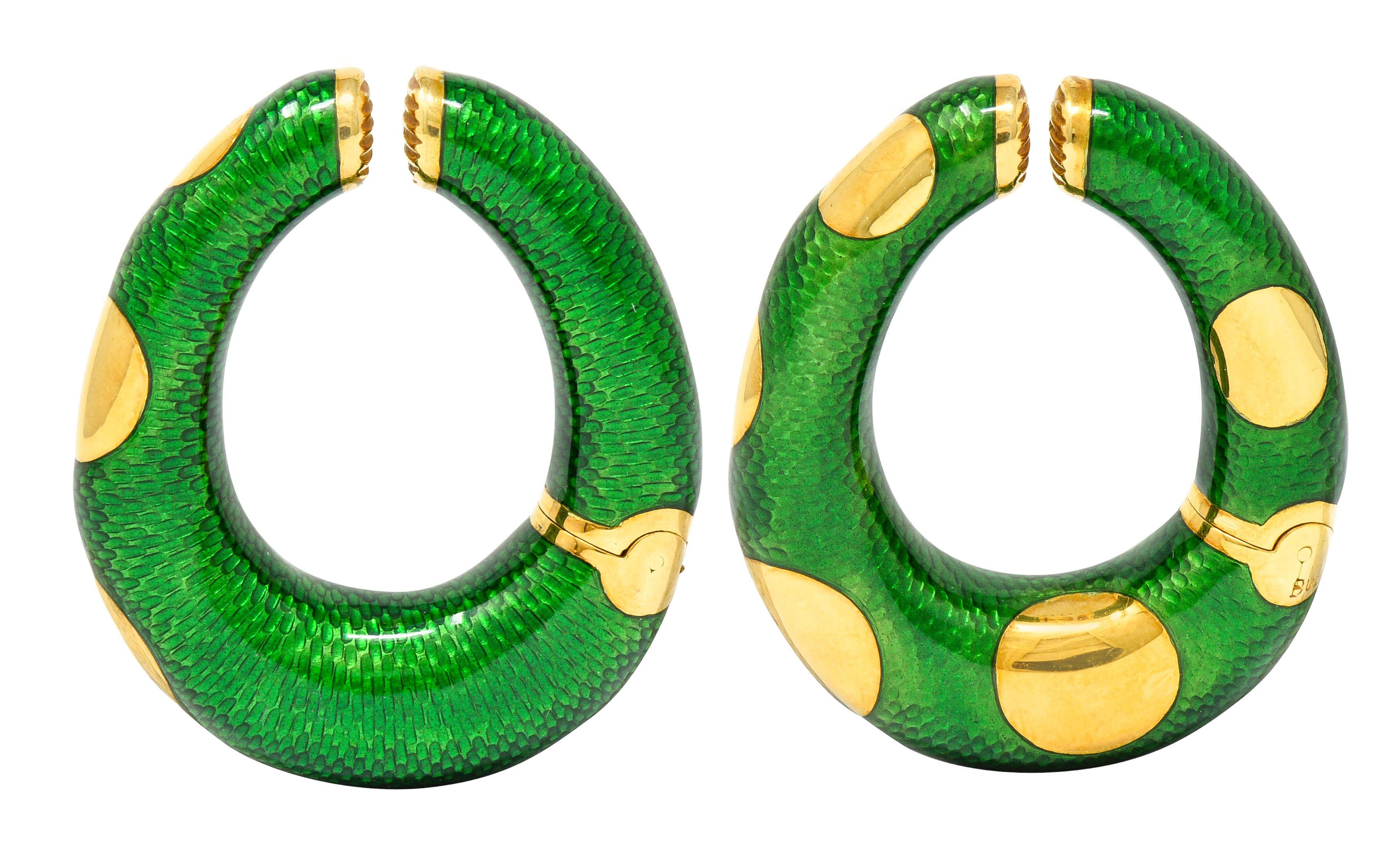 Large Bulgari 1970s Vintage Enamel 18 Karat Gold Hoop Ear-Clip Earrings 6