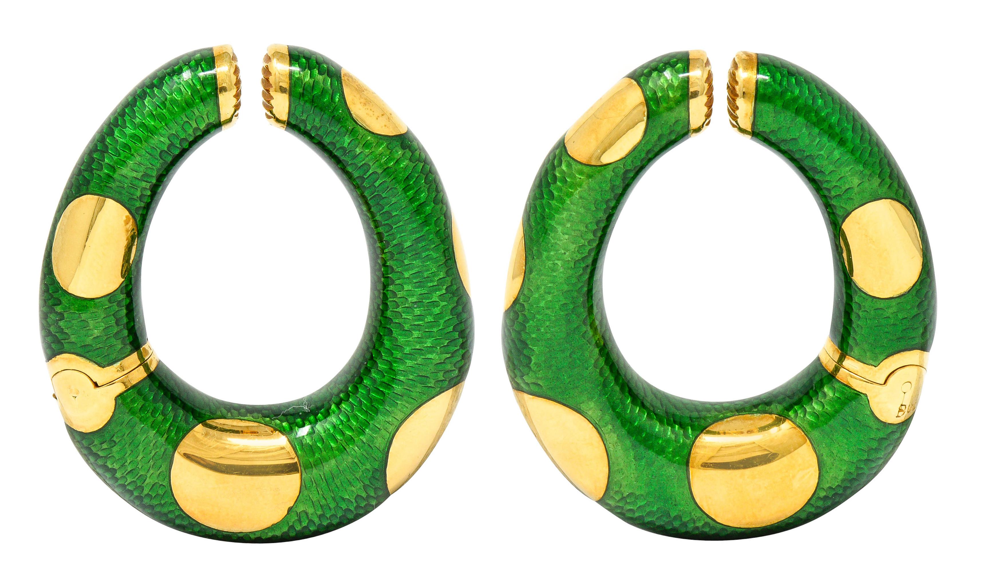 Large Bulgari 1970s Vintage Enamel 18 Karat Gold Hoop Ear-Clip Earrings In Excellent Condition In Philadelphia, PA