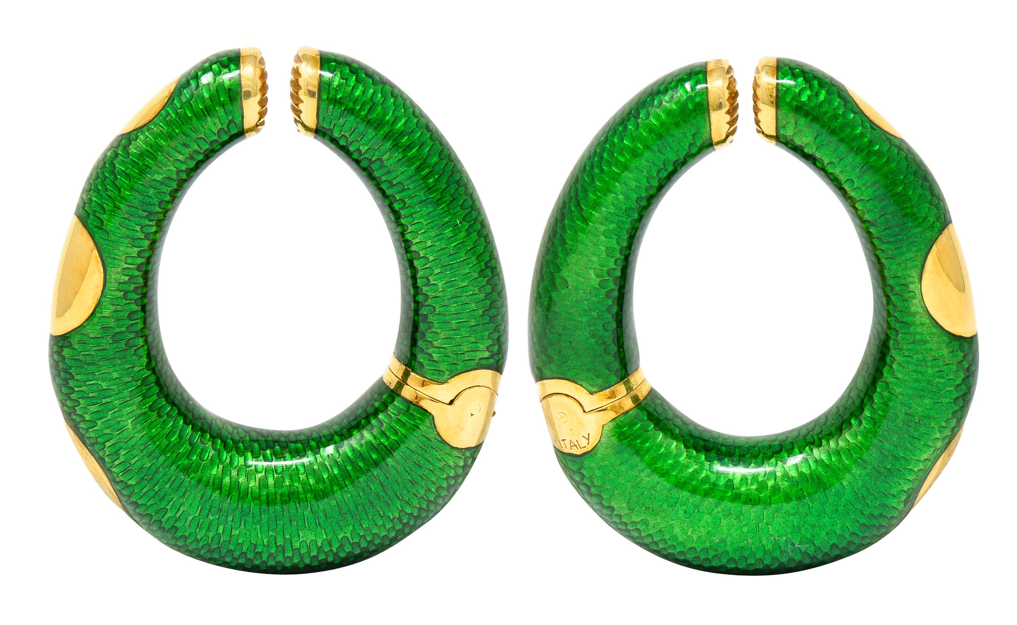 Women's or Men's Large Bulgari 1970s Vintage Enamel 18 Karat Gold Hoop Ear-Clip Earrings